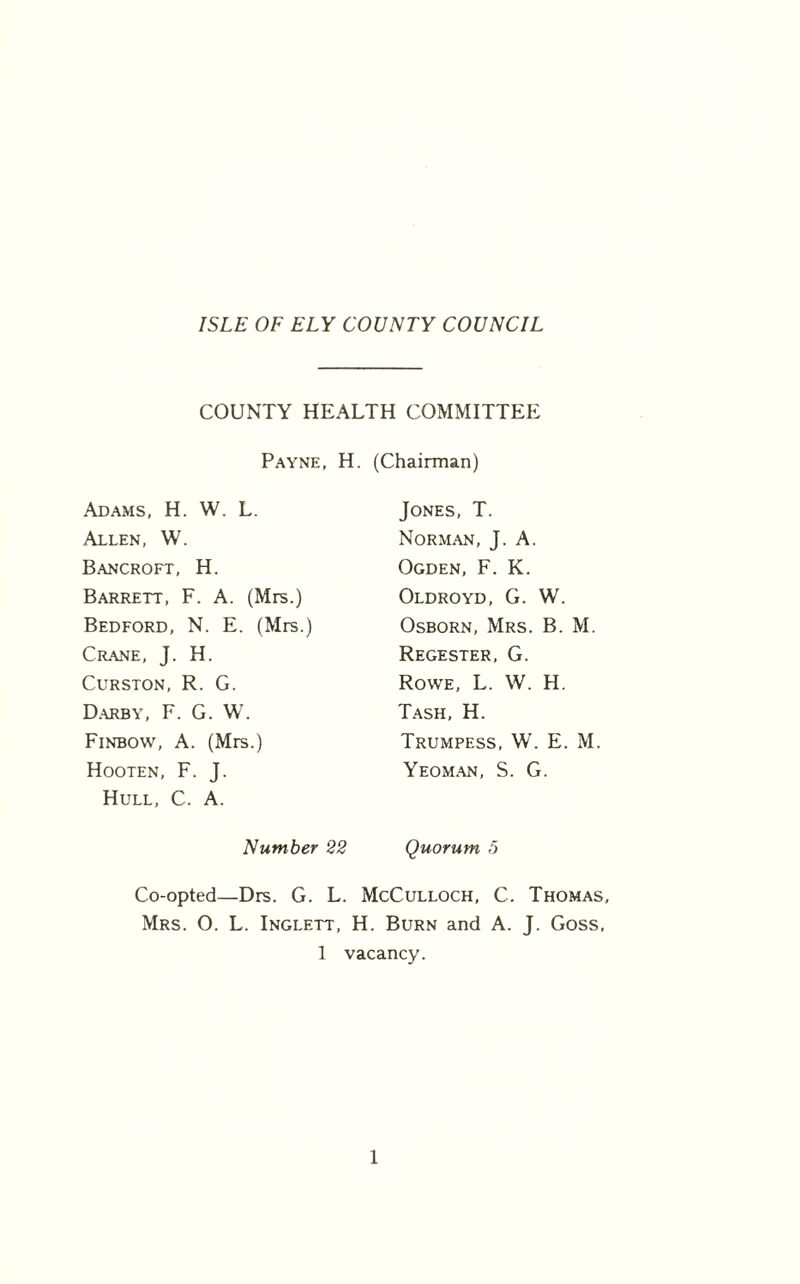 ISLE OF ELY COUNTY COUNCIL COUNTY HEALTH COMMITTEE Payne, H. (Chairman) Adams, H. W. L. Allen, W. Bancroft, H. Barrett, F. A. (Mrs.) Bedford, N. E. (Mrs.) Crane, J. H. Curston, R. G. Darby, F. G. W. Finbow, A. (Mrs.) Hooten, F. J. Hull, C. A. Jones, T. Norman, J. A. Ogden, F. K. Oldroyd, G. W. Osborn, Mrs. B. M. Regester, G. Rowe, L. W. H. Tash, H. Trumpess, W. E. M. Yeoman, S. G. Quorum 5 Number 22 Co-opted—Drs. G. L. McCulloch, C. Thomas, Mrs. O. L. Inglett, H. Burn and A. J. Goss, 1 vacancy.