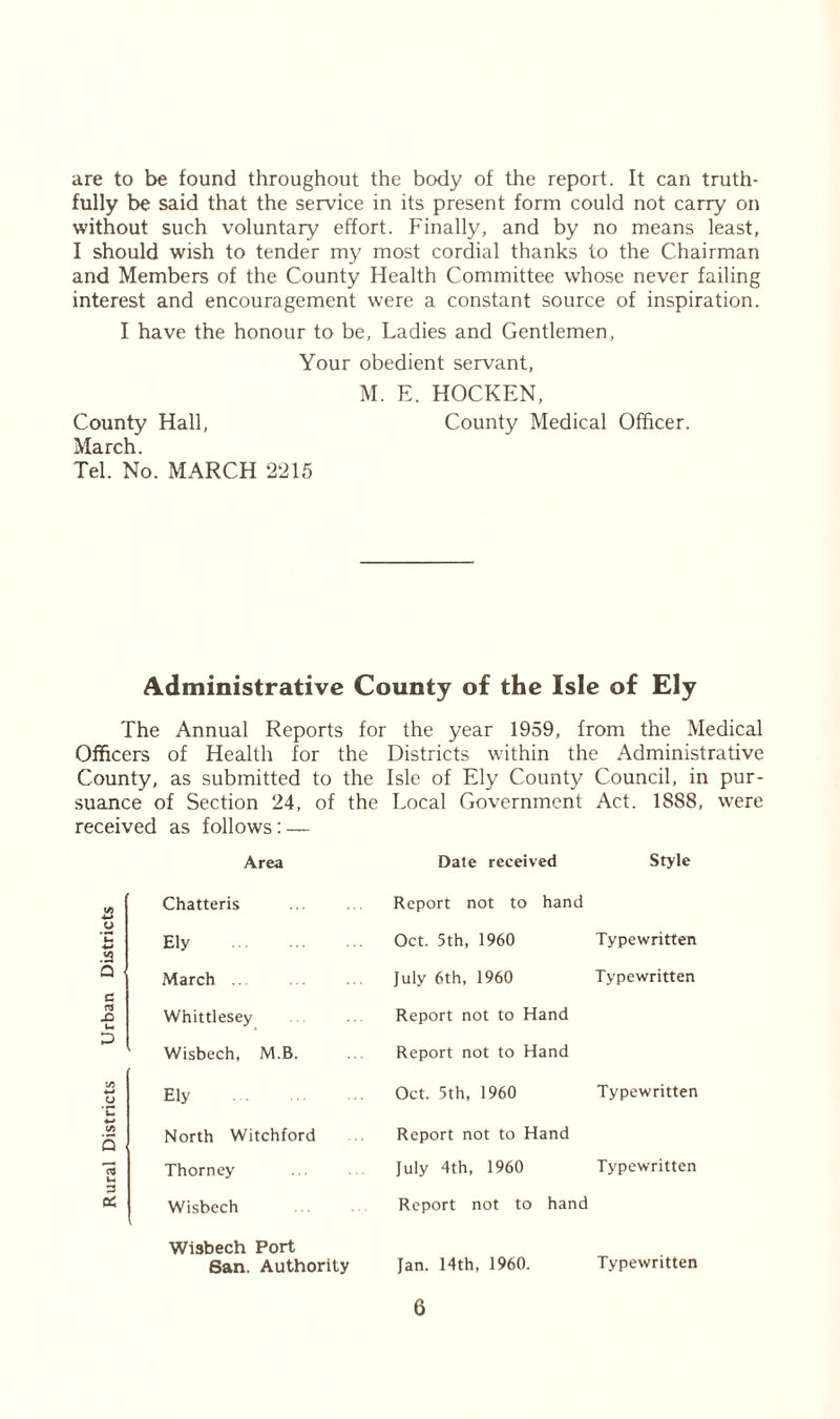 are to be found throughout the body of the report. It can truth- fully be said that the service in its present form could not carry on without such voluntary effort. Finally, and by no means least, I should wish to tender my most cordial thanks to the Chairman and Members of the County Health Committee whose never failing interest and encouragement were a constant source of inspiration. I have the honour to be, Ladies and Gentlemen, Your obedient servant, M. E. HOCKEN, County Hall, County Medical Officer. March. Tel. No. MARCH 2215 Administrative County of the Isle of Ely The Annual Reports for the year 1959, from the Medical Officers of Health for the Districts within the Administrative County, as submitted to the Isle of Ely County Council, in pur- suance of Section 24, of the Local Government Act. 1888, were received as follows: — Area Date received Style & o Chatteris Report not to hand 'u •S3 Ely Oct. 5th, 1960 Typewritten Q March July 6th, 1960 Typewritten c as Jd u Whittlesey Report not to Hand D Wisbech, M.B. Report not to Hand C/5 4-» o Ely Oct. 5th, 1960 Typewritten t/5 5 North Witchford Report not to Hand n u. Thorney July 4th, 1960 Typewritten 3 CC Wisbech Wisbech Port Report not to hand Typewritten San. Authority Jan. 14th, 1960.