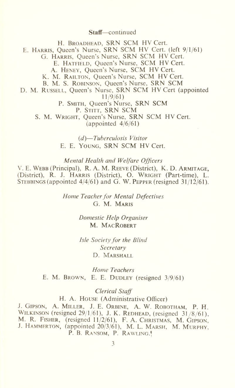 Staff—continued H. Broadhead, SRN SCM HV Cert. E. Harris, Queen’s Nurse, SRN SCM HV Cert, (left 9/1/61) G. Harris, Queen’s Nurse, SRN SCM HV Cert. E. Hatfield, Queen’s Nurse, SCM HV Cert. A. Heney, Queen's Nurse, SCM HV Cert. K. M. Railton, Queen's Nurse, SCM HV Cert. B. M. S. Robinson, Queen’s Nurse, SRN SCM D. M. Russell, Queen’s Nurse, SRN SCM HV Cert (appointed 11/9/61) P. Smith, Queen's Nurse, SRN SCM P. Stitt, SRN SCM S. M. Wright, Queen’s Nurse, SRN SCM HV Cert, (appointed 4/6/61) (d)—Tuberculosis Visitor E. E. Young, SRN SCM HV Cert. Mental Health and Welfare Officers V. E. Webb (Principal), R. A. M. Reeve (District), K. D. Armitage, (District), R. J. Harris (District), O. Wright (Part-time), L. Stebbings (appointed 4/4/61) and G. W. Pepper (resigned 31/12/61). Home Teacher for Mental Defectives G. M. Maris Domestic Help Organiser M. MacRobert Isle Society for the Blind Secretary D. Marshall Home Teachers E. M. Brown, E. E. Dudley (resigned 3/9/61) Clerical Staff H. A. House (Administrative Officer) J. Gipson, A. Miller, J. E. Orbine, A. W. Robotham, P. H. Wilkinson (resigned 29/1/61), J. K. Redhead, (resigned 31/8/61), M. R. Fisher, (resigned 11/2/61), F. A. Christmas, M. Gipson, J. Hammfrton, (appointed 20/3/61), M. L. Marsh, M. Murphy, P. B. Ransom, P. Rawling.’