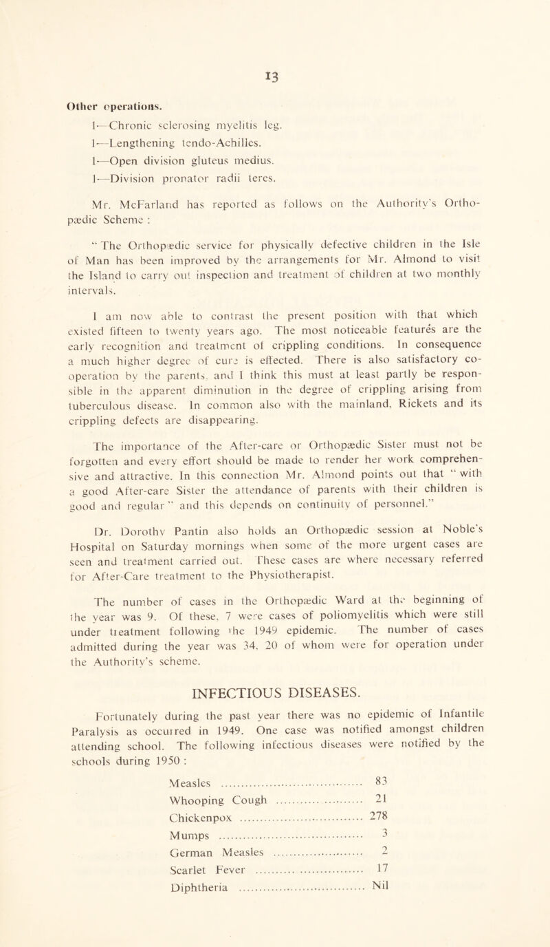 Other operations. 1*—Chronic sclerosing myelitis leg. 1-—Lengthening tendo-Achilles. 1-—Open division gluteus medius. 1*—Division pronator radii teres. Mr. McFarland has reported as follows on the Authority's Ortho- paedic Scheme : “ The Orthopaedic service for physically defective children in the Isle of Man has been improved by the arrangements for Mr. Almond to visit the Island to carry out inspection and treatment of children at two monthly intervals. 1 am now able to contrast the present position with that which existed fifteen to twenty years ago. The most noticeable features are the early recognition and treatment of crippling conditions. In consequence a much higher degree of cure is effected. There is also satisfactory co- operation by the parents, and I think this must at least partly be respon- sible in the apparent diminution in the degree of crippling arising from tuberculous disease. In common also with the mainland, Rickets and its crippling defects are disappearing. The importance of the After-care or Orthopaedic Sister must not be forgotten and every effort should be made to render her work comprehen- sive and attractive. In this connection Mr. Almond points out that with a good After-care Sister the attendance of parents with their children is good and regular” and this depends on continuity of personnel.” Dr. Dorothv Pantin also holds an Orthopaedic session at Noble’s Hospital on Saturday mornings when some of the more urgent cases are seen and treatment carried out. These cases are where necessary referred for After-Care treatment to the Physiotherapist. The number of cases in the Orthopedic Ward at the beginning of the year was 9. Of these, 7 were cases of poliomyelitis which were still under tieatment following 'he 1949 epidemic. The number of cases admitted during the year was 34, 20 of whom were for operation under the Authority’s scheme. INFECTIOUS DISEASES. Fortunately during the past year there was no epidemic of Infantile Paralysis as occuired in 1949. One case was notified amongst children attending school. The following infectious diseases were notified by the schools during 1950 : Measles Whooping Cough Chickenpox Mumps German Measles Scarlet Fever ... Diphtheria 83 21 278 3 2 17 Nil