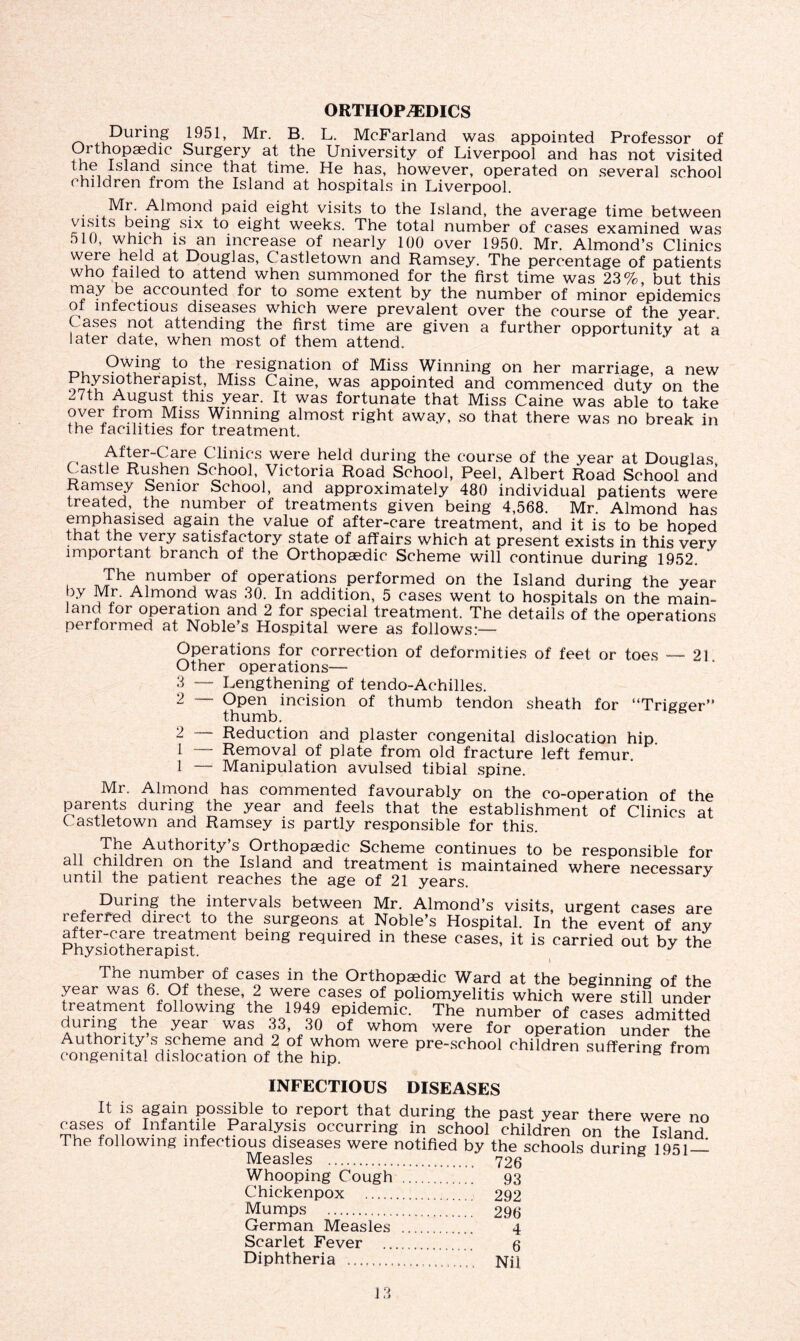 ORTHOPAEDICS ^ ^uDuril?g i951, Mr' B* L- McFarland was appointed Professor of Orthopaedic Surgery at the University of Liverpool and has not visited , a , since that time. He has, however, operated on several school children from the Island at hospitals in Liverpool. Mr. Almond paid eight visits to the Island, the average time between visits being six to eight weeks. The total number of cases examined was 51°* T ,9h lsJ*n increase of nearly 100 over 1950. Mr. Almond’s Clinics wore held at Douglas, Castletown and Ramsey. The percentage of patients who tailed to attend when summoned for the first time was 23%, but this may be accounted for to some extent by the number of minor epidemics of infectious diseases which were prevalent over the course of the year. Cases not attending the first time are given a further opportunity at a later date, when most of them attend. n. Owing to the resignation of Miss Winning on her marriage, a new Physiotherapist, Miss Caine, was appointed and commenced duty on the 7th August this year. It was fortunate that Miss Caine was able to take over from Miss Winning almost right away, so that there was no break in the facilities for treatment. , < xffler“9are f ^nics were held during the course of the year at Douglas Castle Rushen School, Victoria Road School, Peel, Albert Road School and Ramsey Senior School, and approximately 480 individual patients were treated, the number of treatments given being 4,568. Mr. Almond has emphasised again the value of after-care treatment, and it is to be hoped that the very satisfactory state of affairs which at present exists in this very important branch of the Orthopaedic Scheme will continue during 1952. The number of operations performed on the Island during the year by Mr. Almond was 30. In addition, 5 cases went to hospitals on the main- land for operation and 2 for special treatment. The details of the operations performed at Noble’s Hospital were as follows:— Operations for correction of deformities of feet or toes — 21 Other operations—- 3 __ Lengthening of tendo-Achilles. 2 — Open incision of thumb tendon sheath for “Trigger” thumb. 2 — Reduction and plaster congenital dislocation hip. 1 - Removal of plate from old fracture left femur. 1 — Manipulation avulsed tibia! spine. Mr. Almond has commented favourably on the co-operation of the parents during the year and feels that the establishment of Clinics at C astletown and Ramsey is partly responsible for this. The Authority s Orthopaedic Scheme continues to be responsible for ch.ildren on the Island and treatment is maintained where necessary until the patient reaches the age of 21 years. ' . , Dufili? th.e .intlrvals between Mr. Almond’s visits, urgent cases are 1 ccrrcd diret t to the surgeons at Noble’s Hospital. In the event of anv Physiotherapist1116111 being required in these cases, u is carried out by the The number of cases in the Orthopaedic Ward at the beginning of the year was 6. Ot these, 2 were cases of poliomyelitis which were still under treatment following the 1949 epidemic. The number of cases admitted during the year was 33 30 of whom were for operation under the Authority s scheme and 2 of whom were pre-school children suffering from congenital dislocation of the hip. 5 INFECTIOUS DISEASES It is again possible to report that during the past year there were no cases of Infantile Paralysis occurring in school children on the Island. The following infectious diseases were notified by the schools during 1951 Measles 726 Whooping Cough 93 Chickenpox 292 Mumps 296 German Measles 4 Scarlet Fever 6 Diphtheria Nil