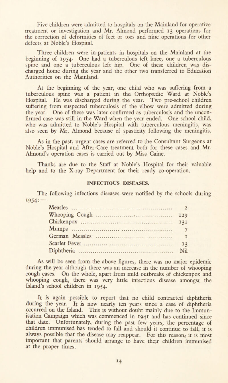 Five children were admitted to hospitals on the Mainland for operative treatment or investigation and Mr. Almond performed 13 operations for the correction of deformities of feet or toes and nine operations for other defects at Noble’s Hospital. Three children were in-patients in hospitals on the Mainland at the beginning of 1954- One had a tuberculous left knee, one a tuberculous spine and one a tuberculous left hip. One of these children was dis- charged home during the year and the other two transferred to Education Authorities on the Mainland. At the beginning of the year, one child who was suffering from a tuberculous spine was a patient in the Orthopaedic Ward at Noble’s Hospital. He was discharged during the year. Two pre-school children suffering from suspected tuberculosis of the elbow were admitted during the year. One of these was later confirmed as tuberculosis and the uncon- firmed case was still in the Ward when the year ended. One school child, who was admitted to Noble’s Hospital with tuberculous meningitis, was also seen by Mr. Almond because of spasticity following the meningitis. As in the past,- urgent cases are referred to the Consultant Surgeons at Noble’s Hospital and After-Care treatment both for these cases and Mr. Almond’s operation cases is carried out by Miss Caine. Thanks are due to the Staff at Noble’s Hospital for their valuable help and to the X-ray Department for their ready co-operation. INFECTIOUS DISEASES. The following infectious diseases were notified by the schools during 1954: — Measles 2 Whooping Cough 129 Chickenpox 131 Mumps 7 German Measles 1 Scarlet Fever 13 Diphtheria Nil As will be seen from the above figures, there was no major epidemic during the year although there was an increase in the number of whooping cough cases. On the whole, apart from mild outbreaks of chickenpox and whooping cough, there was very little infectious disease amongst the Island’s school children in 1954. It is again possible to report that no child contracted diphtheria during the year. It is now nearly ten years since a case of diphtheria occurred on the Island. This is without doubt mainly due to the Immun- isation Campaign which was commenced in 1941 and has continued since that date. Unfortunately, during the past few years, the percentage of children immunised has tended to fall and should it continue to fall, it is always possible that the disease may reappear. For this reason,- it is most important that parents should arrange to have their children immunised at the proper times.