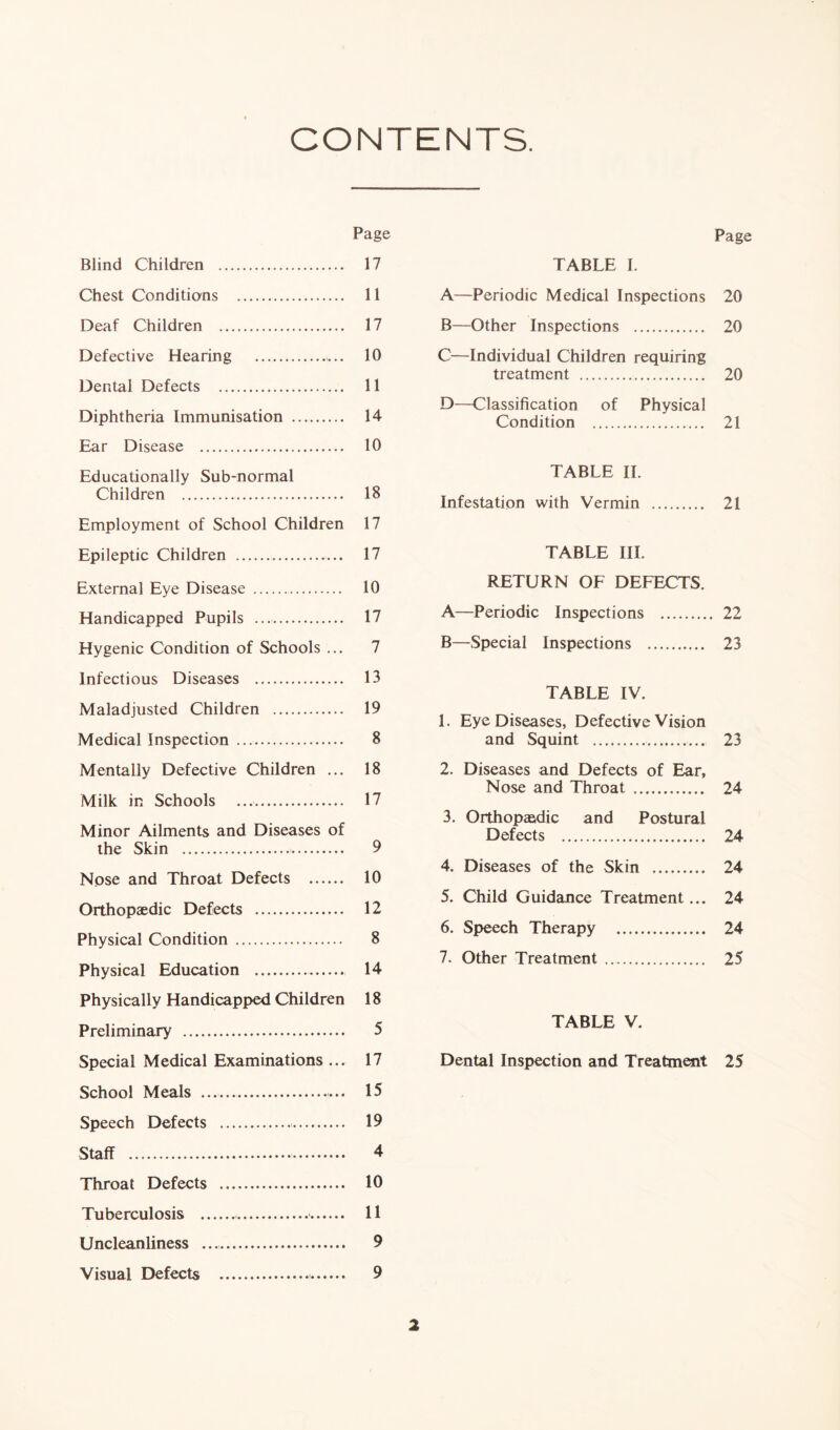 CONTENTS. Page Blind Children 17 Chest Conditions 11 Deaf Children 17 Defective Hearing 10 Dental Defects 11 Diphtheria Immunisation 14 Ear Disease 10 Educationally Sub-normal Children 18 Employment of School Children 17 Epileptic Children 17 External Eye Disease 10 Handicapped Pupils 17 Hygenic Condition of Schools ... 7 Infectious Diseases 13 Maladjusted Children 19 Medical Inspection 8 Mentally Defective Children ... 18 Milk in Schools 17 Minor Ailments and Diseases of the Skin 9 Nose and Throat Defects 10 Orthopaedic Defects 12 Physical Condition 8 Physical Education 14 Physically Handicapped Children 18 Preliminary 5 Special Medical Examinations ... 17 School Meals 15 Speech Defects 19 Staff 4 Throat Defects 10 Tuberculosis 11 Uncleanliness 9 Visual Defects 9 Page TABLE I. A—Periodic Medical Inspections 20 B—Other Inspections 20 C—Individual Children requiring treatment 20 D—Classification of Physical Condition 21 TABLE II. Infestation with Vermin 21 TABLE III. RETURN OF DEFECTS. A—Periodic Inspections 22 B—Special Inspections 23 TABLE IV. 1. Eye Diseases, Defective Vision and Squint 23 2. Diseases and Defects of Ear, Nose and Throat 24 3. Orthopaedic and Postural Defects 24 4. Diseases of the Skin 24 5. Child Guidance Treatment... 24 6. Speech Therapy 24 7. Other Treatment 25 TABLE V. Dental Inspection and Treatment 25