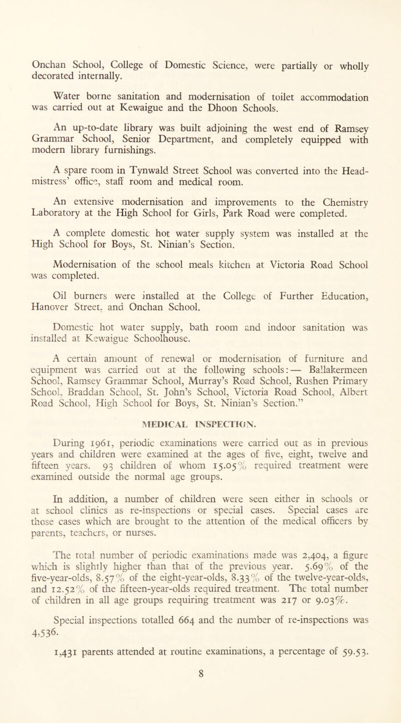 Onchan School, College of Domestic Science, were partially or wholly decorated internally. Water borne sanitation and modernisation of toilet accommodation was carried out at Kewaigue and the Dhoon Schools. An up-to-date library was built adjoining the west end of Ramsey Grammar School, Senior Department, and completely equipped with modern library furnishings. A spare room in Tynwald Street School was converted into the Head- mistress’ office, staff room and medical room. An extensive modernisation and improvements to the Chemistry Laboratory at the High School for Girls, Park Road were completed. A complete domestic hot water supply system was installed at the High School for Boys, St. Ninian’s Section. Modernisation of the school meals kitchen at Victoria Road School was completed. Oil burners were installed at the College of Further Education, Hanover Street, and Onchan School. Domestic hot water supply, bath room and indoor sanitation was installed at Kewaigue Schoofhouse. A certain amount of renewal or modernisation of furniture and equipment was carried out at the following schools: — Ballakermeen School, Ramsey Grammar School, Murray’s Road School, Rushen Primary School, Braddan School, St. John’s School, Victoria Road School, Albert Road School, High School for Boys, St. Ninian’s Section.” MEDICAL INSPECTION. During 1961, periodic examinations were carried out as in previous years and children were examined at the ages of five, eight, twelve and fifteen years. 93 children of whom 15.05% required treatment were examined outside the normal age groups. In addition, a number of children were seen either in schools or at school clinics as re-inspections or special cases. Special cases are those cases which are brought to the attention of the medical officers by parents, teachers, or nurses. The total number of periodic examinations made w^as 2,404, a figure which is slightly higher than that of the previous year. 5.69% of the five-year-olds, 8.57% of the eight-year-olds, 8.33% of the twelve-year-olds, and 12.52% of the fifteen-year-olds required treatment. The total number of children in all age groups requiring treatment was 217 or 9.03%. Special inspections totalled 664 and the number of re-inspections was 4,536. 1,431 parents attended at routine examinations, a percentage of 59.53.