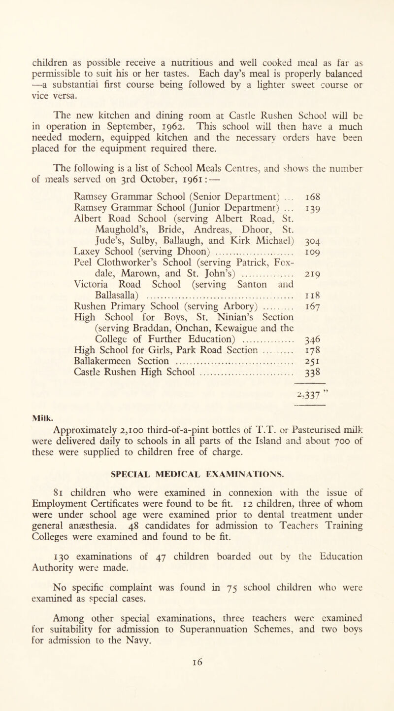 children as possible receive a nutritious and well cooked meal as far as permissible to suit his or her tastes. Each day’s meal is properly balanced —a substantial first course being followed by a lighter sweet course or vice versa. The new kitchen and dining room at Castle Rushen School will be in operation in September, 1962. This school will then have a much needed modern, equipped kitchen and the necessary orders have been placed for the equipment required there. The following is a list of School Meals Centres, and shows the number of meals served on 3rd October, 1961: — Ramsey Grammar School (Senior Department) ... 168 Ramsey Grammar School (Junior Department) ... 139 Albert Road School (serving Albert Road, St. Maughold’s, Bride, Andreas, Dhoor, St. Jude’s, Sulby, Ballaugh, and Kirk Michael) 304 Laxey School (serving Dhoon) 109 Peel Cloth worker’s School (serving Patrick, Fox- dale, Marown, and St. John’s) 219 Victoria Road School (serving Santon and Ballasalla) 118 Rushen Primary School (serving Arbory) 167 High School for Boys, St. Ninian’s Section (serving Braddan, Onchan, Kewaigue and the College of Further Education) 346 High School for Girls, Park Road Section 178 Ballakermeen Section 251 Castle Rushen High School 338 2,337 Milk. Approximately 2,100 third-of-a-pint bottles of T.T. or Pasteurised milk were delivered daily to schools in all parts of the Island and about 700 of these were supplied to children free of charge. SPECIAL MEDICAL EXAMINATIONS. 81 children who were examined in connexion with the issue of Employment Certificates were found to be fit. 12 children, three of whom were under school age were examined prior to dental treatment under general anaesthesia. 48 candidates for admission to Teachers Training Colleges were examined and found to be fit. 130 examinations of 47 children boarded out by the Education Authority were made. No specific complaint was found in 75 school children who were examined as special cases. Among other special examinations, three teachers were examined for suitability for admission to Superannuation Schemes, and two boys for admission to the Navy.