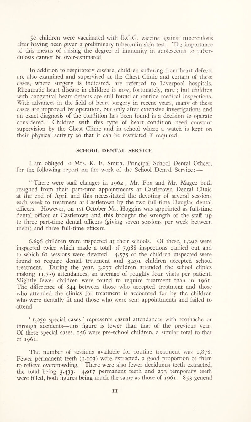50 children were vaccinated with B.C.G. vaccine against tuberculosis after having been given a preliminary tuberculin skin test. The importance of this means of raising the degree of immunity in adolescents to tuber- culosis cannot be over-estimated. In addition to respiratory disease, children suffering from heart defects are also examined and supervised at the Chest Clinic and certain of these cases, where surgery is indicated, are referred to Liverpool hospitals. Rheumatic heart disease in children is now, fortunately, rare ; but children with congenital heart defects are still found at routine medical inspections. With advances in the field of heart surgery in recent years, many of these cases are improved by operation, but only after extensive investigations and an exact diagnosis of the condition has been found is a decision to operate considered. Children with this type of heart condition need constant supervision by the Chest Clinic and in school where a watch is kept on their physical activity so that it can be restricted if required. SCHOOL DENTAL SERVICE I am obliged to Mrs. K. E. Smith, Principal School Dental Officer, for the following report on the work of the School Dental Service: — “ There were staff changes in 1962 ; Mr. Fox and Mr. Magee both resigned from their part-time appointments at Castletown Dental Clinic at the end of April and this necessitated the devoting of several sessions each week to treatment at Castletown by the two full-time Douglas dental officers. However, on 1st October Mr. Hoggins was appointed as full-time dental officer at Castletown and this brought the strength of the staff up to three part-time dental officers (giving seven sessions per week between them) and three full-time officers. 6,696 children were inspected at their schools. Of these, 1,292 were inspected twice which made a total of 7,988 inspections carried out and to which 61 sessions were devoted. 4,575 of the children inspected were found to require dental treatment and 3,291 children accepted school treatment. During the year, 3,077 children attended the school clinics making 11,759 attendances, an average of roughly four visits per patient. Slightly fewer children were found to require treatment than in 1961. The difference of 844 between those who accepted treatment and those who attended the clinics for treatment is accounted for by the children who were dentally fit and those who were sent appointments and failed to attend ‘ 1,059 special cases ’ represents casual attendances with toothache or through accidents—this figure is lower than that of the previous year. Of these special cases, 156 were pre-school children, a similar total to that of 1961. The number of sessions available for routine treatment was 1,878. Fewer permanent teeth (1,103) were extracted, a good proportion of them to relieve overcrowding. There were also fewer deciduous teeth extracted, the total being 3,433. 4,917 permanent teeth and 273 temporary teeth were filled, both figures being much the same as those of 1961. 853 general