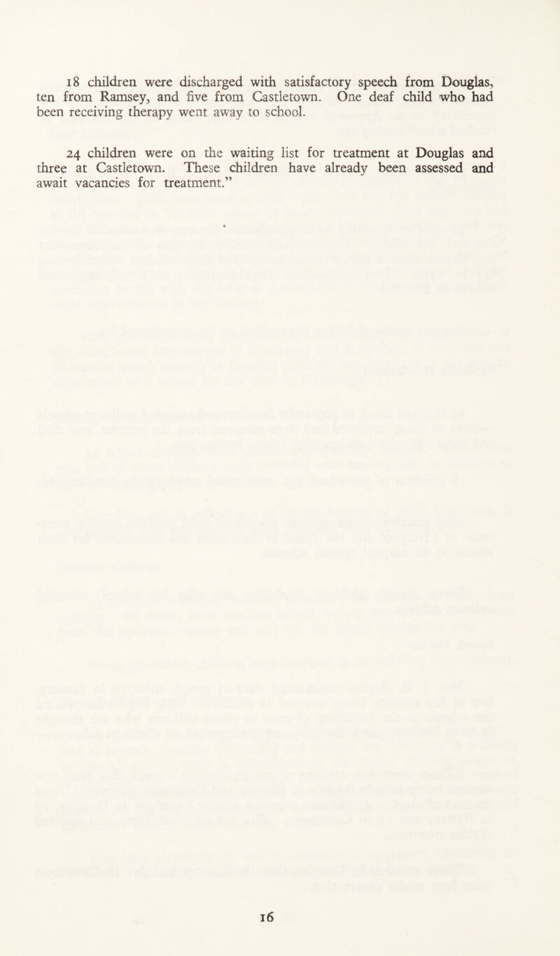 18 children were discharged with satisfactory speech from Douglas, ten from Ramsey, and five from Castletown. One deaf child who had been receiving therapy went away to school. 24 children were on the waiting list for treatment at Douglas and diree at Castletown. These children have already been assessed and await vacancies for treatment.”