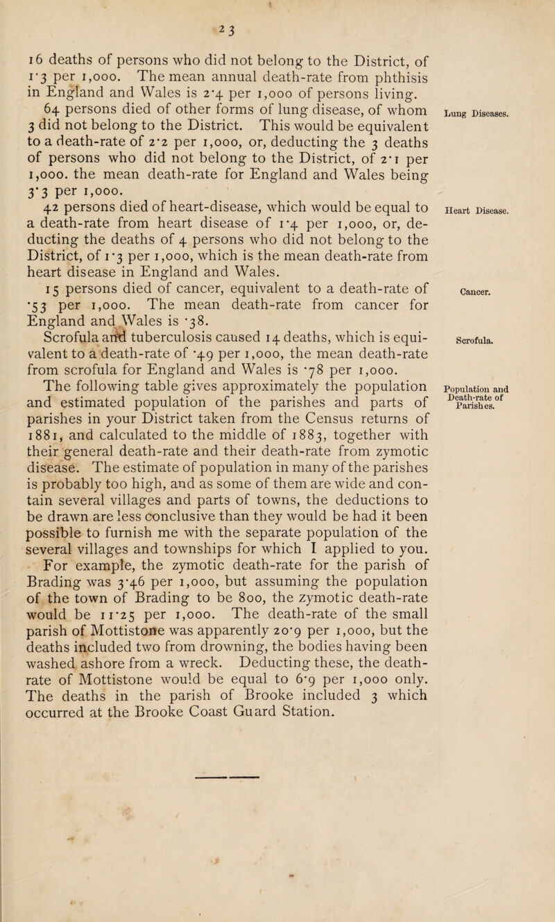 X 2 3 16 deaths of persons who did not belong to the District, of i'3 per i,ooo. The mean annual death-rate from phthisis in England and Wales is 2*4 per 1,000 of persons living. 64 persons died of other forms of lung disease, of whom 3 did not belong to the District. This would be equivalent to a death-rate of 2*2 per 1,000, or, deducting the 3 deaths of persons who did not belong to the District, of 2*1 per 1,000. the mean death-rate for England and Wales being 3*3 per 1,000. 42 persons died of heart-disease, which would be equal to a death-rate from heart disease of 1*4 per 1,000, or, de¬ ducting the deaths of 4 persons who did not belong to the District, of 1*3 per 1,000, which is the mean death-rate from heart disease in England and Wales. 15 persons died of cancer, equivalent to a death-rate of •53 per 1,000. The mean death-rate from cancer for England and Wales is *38. Scrofula and tuberculosis caused 14 deaths, which is equi¬ valent to a death-rate of *49 per 1,000, the mean death-rate from scrofula for England and Wales is *78 per 1,000. The following table gives approximately the population and estimated population of the parishes and parts of parishes in your District taken from the Census returns of 1881, and calculated to the middle of 1883, together with their general death-rate and their death-rate from zymotic disease. The estimate of population in many of the parishes is probably too high, and as some of them are wide and con¬ tain several villages and parts of towns, the deductions to be drawn are less conclusive than they would be had it been possible to furnish me with the separate population of the several villages and townships for which I applied to you. For example, the zymotic death-rate for the parish of Brading was 3*46 per 1,000, but assuming the population of the town of Brading to be 800, the zymotic death-rate would be 11*25 per 1,000. The death-rate of the small parish of Mottistone was apparently 20-9 per 1,000, but the deaths included two from drowning, the bodies having been washed ashore from a wreck. Deducting these, the death- rate of Mottistone would be equal to 6*9 per 1,000 only. The deaths in the parish of Brooke included 3 which occurred at the Brooke Coast Guard Station. Lung Diseases. Heart Disease. Cancer. Scrofula. Population and Death-rate of Parishes.