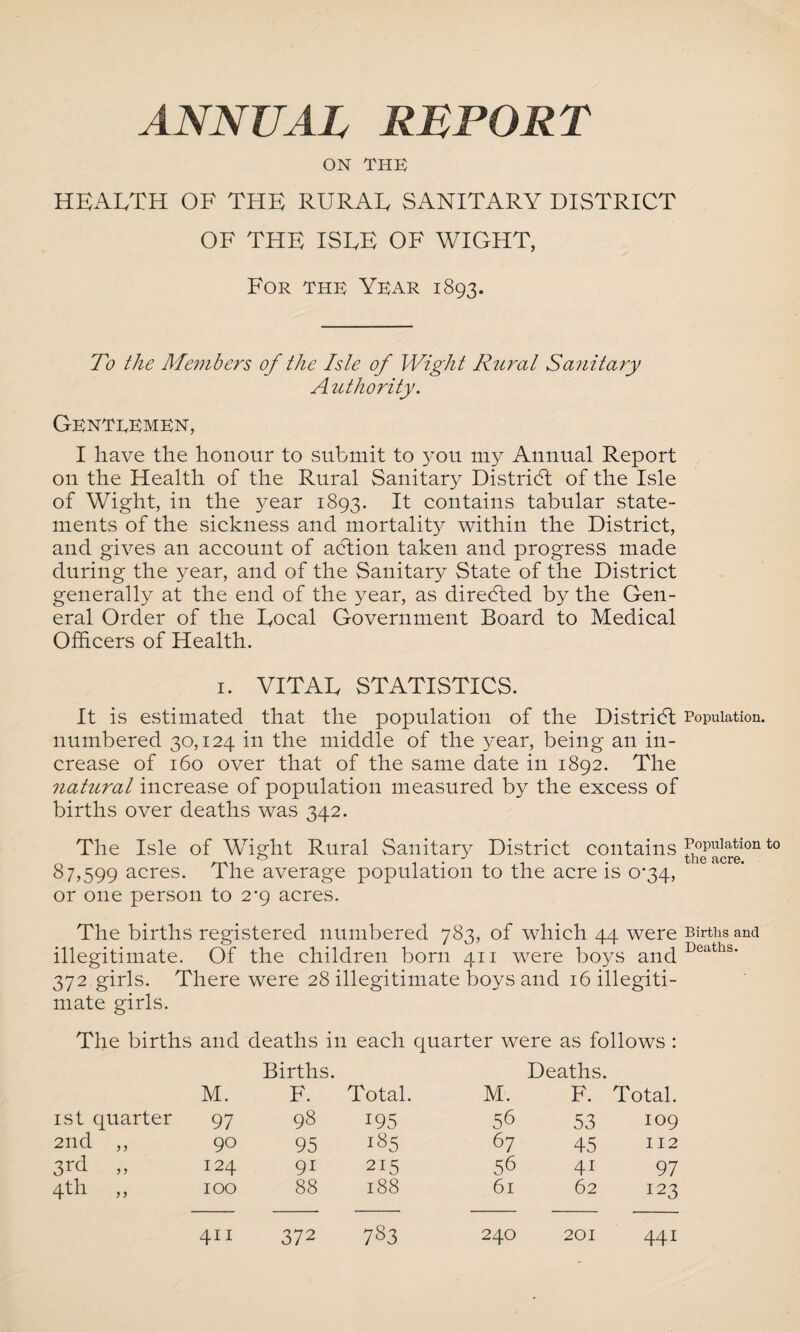 ON THE HEALTH OF THE RURAL SANITARY DISTRICT OF THE ISLE OF WIGHT, For the Year 1893. To the Members of the Isle of Wight Rural Sanitary A uthority. Genteemen, I have the honour to submit to you my Annual Report on the Health of the Rural Sanitary District of the Isle of Wight, in the 3^ear 1893. It contains tabular state¬ ments of the sickness and mortality within the District, and gives an account of adtion taken and progress made during the year, and of the Sanitary State of the District generally at the end of the year, as directed by the Gen¬ eral Order of the Local Government Board to Medical Officers of Health. 1. VITAL STATISTICS. It is estimated that the population of the District numbered 30,124 in the middle of the year, being an in¬ crease of 160 over that of the same date in 1892. The natural increase of population measured by the excess of births over deaths was 342. The Isle of Wight Rural Sanitary District contains 87,599 acres. The average population to the acre is 0*34, or one person to 2*9 acres. The births registered numbered 783, of which 44 were illegitimate. Of the children born 411 were boys and 372 girls. There were 28 illegitimate boys and 16 illegiti¬ mate girls. The births and deaths in each quarter were as follows : Births. Deaths. M. F. Total. M. F. Total. 1st quarter 97 98 i95 56 53 109 2nd ,, 90 95 185 67 45 112 3rd » 124 9i 215 56 4i 97 4th „ 100 88 188 61 62 123 411 372 783 240 201 441 Population. Population to the acre. Births and
