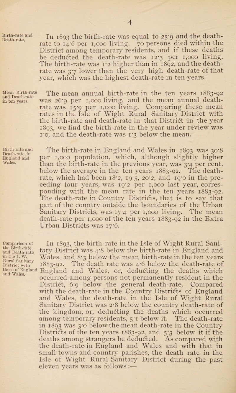 Birth-rate and Death-rate. Mean Birth-rate and Death-rate in ten years. Birth-rate and Death-rate in England and Wales. Comparison of the Birth-rate and Death-rate in the I. W. B,nral Sanitary District with those of England and AVales. In 1893 the birth-rate was equal to 25^9 and the death- rate to 14/6 per 1,000 living. 70 persons died within the District among temporary residents, and if these deaths be deducted the death-rate was 12*3 per 1,000 living. The birth-rate was 1*2 higher than in 1892, and the death- rate was 37 lower than the very high death-rate of that year, which was the highest death-rate in ten years. The mean annual birth-rate in the ten 3rears 1883-92 was 26’9 per 1,000 living, and the mean annual death- rate was 15*9 per 1,000 living. Comparing these mean rates in the Isle of Wight Rural Sanitary District with the birth-rate and death-rate in that District in the year 1893, we fhid the birth-rate in the )7ear under review was i*o, and the death-rate was 1*3 below the mean. The birth-rate in England and Wales in 1893 was 30*8 per 1,000 population, which, although slightly higher than the birth-rate in the previous year, was 3*4 per cent, below the average in the ten years 1883-92. The death- rate, which had been 18*2, 19*5, 20*2, and 19*0 in the pre¬ ceding four years, was 19*2 per 1,000 last year, corres¬ ponding with the mean rate in the ten years 1883-92. The death-rate in Country Districts, that is to say that part of the country outside the boundaries of the Urban Sanitary Districts, was 17*4 per 1,000 living. The mean death-rate per 1,000 of the ten years 1883-92 in the Extra Urban Districts was 17‘6. I11 1893, the birth-rate in the Isle of Wight Rural Sani¬ tary District was 4*8 below the birth-rate in England and Wales, and 8*3 below the mean birth-rate in the ten years 1883-92. The death rate was 4*6 below the death-rate of England and Wales, or, deducting the deaths which occurred among persons not permanently resident in the District, 6-9 below the general death-rate. Compared with the death-rate in the Country Districts of England and Wales, the death-rate in the Isle of Wight Rural Sanitary District was 2-8 below the country death-rate of the kingdom, or, deducting the deaths which occurred among temporary residents, 5*1 below it. The death-rate in 1893 was 3*0 below the mean death-rate in the Country Districts of the ten years 1883-92, and 5-3 below it if the deaths among strangers be deducted. As compared with the death-rate in England and Wales and with that in small towns and country parishes, the death rate in the Isle of Wight Rural Sanitary District during the past eleven years was as follows :—
