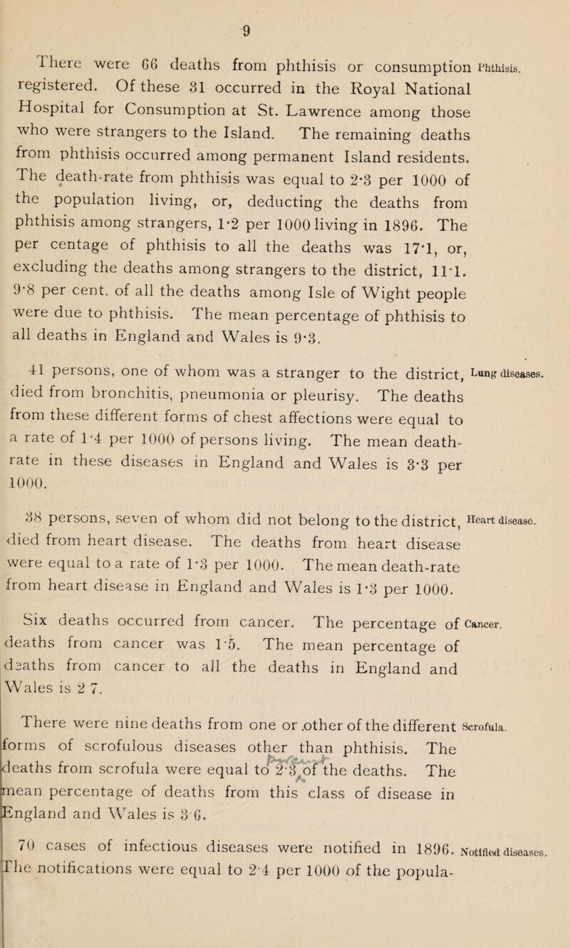 1 here were G6 deaths from phthisis or consumption Phthisis, registered. Of these 31 occurred in the Royal National Hospital for Consumption at St. Lawrence among those who were strangers to the Island. The remaining deaths from phthisis occurred among permanent Island residents. The death-rate from phthisis was equal to 2*3 per 1000 of the population living, or, deducting the deaths from phthisis among strangers, L2 per 1000 living in 1896. The per centage of phthisis to all the deaths was 17T, or, excluding the deaths among strangers to the district, ILL 9'8 per cent, of all the deaths among Isle of Wight people were due to phthisis. The mean percentage of phthisis to all deaths in England and Wales is 9*3. H persons, one of whom was a stranger to the district, Lung diseases, died from bronchitis, pneumonia or pleurisy. The deaths from these different forms of chest affections were equal to a rate of L4 per 1000 of persons living. The mean death- rate in these diseases in England and Wales is 3*3 per 1000. 38 persons, seven of whom did not belong to the district, Heart disease, died from heart disease. The deaths from heart disease were equal to a rate of 1*3 per 1000. The mean death-rate from heart disease in England and Wales is 1*3 per 1000. Six deaths occurred from cancer. The percentage of Cancer, deaths from cancer was 1*5. The mean percentage of deaths from cancer to all the deaths in England and Wales is 2 7. There were nine deaths from one or .other of the different Scrofula forms of scrofulous diseases other than phthisis. The deaths from scrofula were equal to 2^of the deaths. The mean percentage of deaths from this class of disease in England and Wales is 3 6. 70 cases of infectious diseases were notified in 1896. Notified diseases. The notifications were equal to 2*4 per 1000 of the papula-