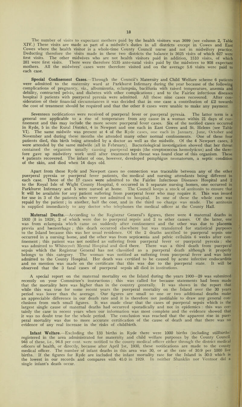 The number of visits to expectant mothers paid by the health visitors was 3699 (see column 2, Table XIV.) These visits are made as part of a midwife’s duties in all districts except in Cowes and East Cowes where the health visitor is a whole-time County Council nurse and not in midwifery practice. Deducting therefore the visits made in these two districts the balance is 3625 visits of which 627 were first visits. The other midwives who are not health visitors paid in addition, 1510 visits, of which 281 were first visits. There were therefore 5135 ante-natal visits paid by the midwives to 908 expectant mothers. All the midwives’ cases were therefore visited and on the average 5.6 visits were paid to each case. Special Confinement Cases.—Through the Council’s Maternity and Child Welfare scheme 6 patients were admitted to the maternity ward at Parkhurst Infirmary during the year because of the following complications of pregnancy, viz., albuminuria, eclampsia, bacilluria with raised temperature, anaemia and debility, contracted pelvis, and diabetes with other complications ; and to the Fairlee infectious diseases hospital 3 patients with puerperal pyrexia were admitted. All these nine cases recovered. After con- sideration of their financial circumstances it was decided that in one case a contribution of £2 towards the cost of treatment should be required and that thei other 8 cases were unable to make any payment. Seventeen notifications were received of puerperal fever or puerperal pyrexia. The latter term is a general one applicable to a rise of temperature from any cause in a woman within 21 days of con- finement and this may include the more severe puerperal fever cases. Six of the notified cases occurred in Ryde, 5 in the Rural District, 4 in Newport and one each in East Cowes and St. Idelens (see Table VI). The same midwife was present at 4 of the Ryde cases, one each in January, June, October and November and during these months she attended many other normal confinements. One of these four patients died, this birth being attended by a doctor as well as the midwife. Of the 4 Newport cases, 3 were attended by the same midwife (all in February). Bacteriological investigation showed that her throat contained the organism usually causing puerperal sepsis (the streptococcus hcemolyticus) and she there- fore gave up midwifery work until after treatment her throat was found clear of this organism. These 4 patients recovered. The infant of one, however, developed pemphigus neonatorum, a septic condition of the skin, and died when 14 days old. Apart from these Ryde and Newport cases no connection was traceable between any of the other puerperal pyrexia or puerperal fever patients, the medical and nursing attendants being different in each case. Three of the 17 cases were admitted to the Fairlee Infectious Diseases Hospital and 2 to the Royal Isle of Wight County Hospital, 6 occurred in 5 separate nursing homes, one occurred in Parkhurst Infirmary and 5 were nursed at home. The Council keeps a stock of antitoxin to ensure that it will be available for any patient suffering from puerperal fever who may require it. This was issued for use in 3 of the patients who were not admitted to hospital. In one of these the whole cost was repaid by the patient ; in another, half the cost, and in the third no charge was made. The antitoxin is supplied immediately to any doctor who telephones the medical officer at the County Hall. Maternal Deaths.—According to the Registrar General’s figures, there were 4 maternal deaths in 1930 (8 in 1929), 2 of which were due to puerperal sepsis and 2 to other causes. Of the latter, one was from eclampsia which came on suddenly after confinement and the other was due to placenta prasvia and haemorrhage ; this death occurred elsewhere but was transferred for statistical purposes to the Island because this was her usual residence. Of the 2 deaths ascribed to puerperal sepsis one occurred in a nursing home, and the other was from septicaemia and pelvic cellulitis 6 weeks after con- finement ; this patient was not notified as suffering from puerperal fever or puerperal pyrexia ; she was admitted to Whitecroft Mental Hospital and died there. There was a third death from puerperal sepsis which the Registrar General has not classified as a puerperal death although it properly belongs to this category. The woman was notified as suffering from puerperal fever and was later admitted to the County Hospital. Her death was certified to be caused by acute infective endocarditis and no mention was made on the certificate that this was due to the puerperal state. It will be observed that the 3 fatal cases of puerperal sepsis all died in institutions. A special report on the maternal mortality on the Island during the years 1900—29 was submitted recently on your Committee’s instructions ; this was called for because statements had been made that the mortality here was higher than in the country generally. It was shown in the report that while this was true for some recent years the puerperal mortality on the Island over the 30 years period was lower than the average. Our figures are small so one or two additional deaths make an appreciable difference in our death rate and it is therefore not justifiable to draw any general con- clusions from such small figures. It was made clear that the cases of puerperal sepsis which is the largest single cause of maternal deaths had occurred sporadically and not in epidemics : this was cer- tainly the case in recent years when our information was most complete and the evidence showed that it was no doubt true for the whole period. The conclusion was reached that the apparent rise in puer- peral mortality was due to more accurate certification of the cause of death and that there was no evidence of any real increase in the risks of childbirth. Infant Welfare.—Excluding the 133 births in Ryde there were 1000 births (including stillbirths) registered in the area administrated for maternity and child welfare purposes by the County Council 948 of these, i.e., 94.8 per cent, were notified to the county medical officer either through the district medical officers of health, or directly, because after April 1st, 1930, these notifications are made to the county medical officer. The number of infant deaths in this area was 30, or at the rate of 30.9 per 1000 live births. If the figures for Ryde are included the infant mortality rate for the Island is 30.0 which is the lowest in our records and compares with 45.0 in 1929. In neither Shanklin nor Ventnor did a single infant’s death occur.