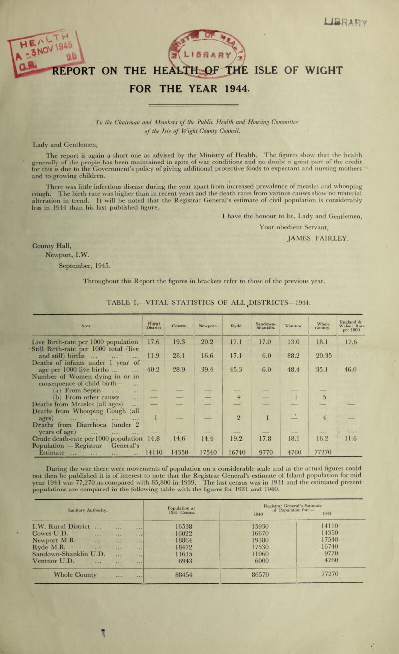 ON THE FOR THE YEAR 1944. LIBRARY ISLE OF WIGHT To the Chairman and Members of the Public Health and Housing Committee of the Isle of Wight County Council. Lady and Gentlemen, The report is again a short one as advised by the Ministry of Health. The figures show that the health generally of the people has been maintained in spite of war conditions and no doubt a great part of the credit for this is due to the Government’s policy of giving additional protective foods to expectant and nursing mothers and to growing children. There was little infectious disease during the year apart from increased prevalence of measles and whooping cough. The birth rate was higher than in recent years and the death rates from various causes show no material alteration in trend. It will be noted that the Registrar General’s estimate of civil population is considerably less in 1944 than his last published figure. I have the honour to be, Lady and Gentlemen, Your obedient Servant, County Hall, Newport, I.W. JAMES FAIRLEY. September, 1945. Throughout this Report the figures in brackets refer to those of the previous year. TABLE I.—VITAL STATISTICS OF ALL DISTRICTS—1944. Area. Rural District Cowes. Newport. Ryde. Sandown- Shanklin. Ventnor. Whole County. England & Wales : Rate per 1000 Live Birth-rate per 1000 population Still Birth-rate per 1000 total (live 17.6 19.3 20.2 17.1 17.0 13.0 18.1 17.6 and still) births ... Deaths of infants under 1 year of 11.9 28.1 16.6 17.1 6.0 88.2 20.35 age per 1000 live births ... Number of Women dying in or in consequence of child birth— 40.2 28.9 39.4 45.3 6.0 48.4 35.1 46.0 (a) From Sepsis — — — — -—• — — (b) From other causes — — — 4 — 1 5 Deaths from Measles (all ages) Deaths from Whooping Cough (all — — — ' — — ages) ... Deaths from Diarrhoea (under 2 I 2 1 4 years of age) — — — — — — — . — Crude death-rate per 1000 population Population — Registrar General’s 14.8 14.6 14.4 19.2 17.8 18.1 16.2 11.6 Estimate ... 14110 14350 17540 16740 9770 4760 77270 During the war there were movements of population on a considerable scale and as the actual figures could not then be published it is of interest to note that the Registrar General’s estimate of Island population for mid year 1944 was 77,270 as compared with 85,800 in 1939. The last census was in 1931 and the estimated present populations are compared in the following table with the figures for 1931 and 1940. Sanitary Authority. Population at 1931 Census. Registrar General’s Estimate of Population for:— 1940 1944 I.W. Rural District ... 16538 15930 14110 Cowes U.D. 16022 16670 14350 Newport M.B. 18864 19380 17540 Ryde M.B. 18472 17530 16740 Sandown-Shanklin U.D. 11615 11060 9770 Ventnor U.D. 6943 6000 4760 Whole County 88454 86570 77270 H