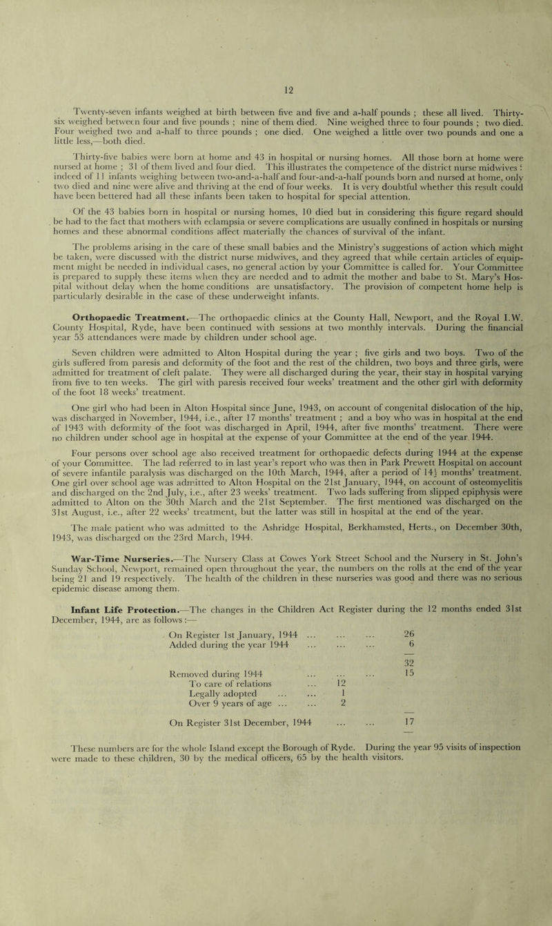 Twenty-seven infants weighed at birth between five and five and a-half pounds ; these all lived. Thirty- six weighed between four and five pounds ; nine of them died. Nine weighed three to four pounds ; two died. Four weighed two and a-hall to three pounds ; one died. One weighed a little over two pounds and one a little less,—both died. Thirty-five babies were born at home and 43 in hospital or nursing homes. All those born at home were nursed at home ; 31 of them lived and four died. This illustrates the competence of the district nurse midwives ! indeed of 11 infants weighing between two-and-a-half and four-and-a-half pounds born and nursed at home, only two died and nine were alive and thriving at the end of four weeks. It is very doubtful whether this result could have been bettered had all these infants been taken to hospital for special attention. Of the 43 babies born in hospital or nursing homes, 10 died but in considering this figure regard should be had to the fact that mothers with eclampsia or severe complications are usually confined in hospitals or nursing homes and these abnormal conditions affect materially the chances of survival of the infant. The problems arising in the care of these small babies and the Ministry’s suggestions of action which might be taken, were discussed with the district nurse midwives, and they agreed that while certain articles of equip- ment might be needed in individual cases, no general action by your Committee is called for. Your Committee is prepared to supply these items when they are needed and to admit the mother and babe to St. Mary’s Hos- pital without delay when the home conditions are unsatisfactory. The provision of competent home help is particularly desirable in the case of these underweight infants. Orthopaedic Treatment.—The orthopaedic clinics at the County Hall, Newport, and the Royal I.W. County Hospital, Ryde, have been continued with sessions at two monthly intervals. During the financial year 53 attendances were made by children under school age. Seven children were admitted to Alton Hospital during the year ; five girls and two boys. Two of the girls suffered from paresis and deformity of the foot and the rest of the children, two boys and three girls, were admitted for treatment of cleft palate. They were all discharged during the year, their stay in hospital varying from five to ten weeks. The girl with paresis received four weeks’ treatment and the other girl with deformity of the foot 18 weeks’ treatment. One girl who had been in Alton Hospital since June, 1943, on account of congenital dislocation of the hip, was discharged in November, 1944, i.e., after 17 months’ treatment ; and a boy who was in hospital at the end of 1943 with deformity of the foot was discharged in April, 1944, after five months’ treatment. There were no children under school age in hospital at the expense of your Committee at the end of the year 1944. Four persons over school age also received treatment for orthopaedic defects during 1944 at the expense of your Committee. The lad referred to in last year’s report who was then in Park Prewett Hospital on account of severe infantile paralysis was discharged on the 10th March, 1944, after a period of 14} months’ treatment. One girl over school age was admitted to Alton Hospital on the 21st January, 1944, on account of osteomyelitis and discharged on the 2nd July, i.e., after 23 weeks’ treatment. Two lads suffering from slipped epiphysis were admitted to Alton on the 30th March and the 21st September. The first mentioned was discharged on the 31st August, i.e., after 22 weeks’ treatment, but the latter was still in hospital at the end of the year. The male patient who was admitted to the Ashridge Hospital, Berkhamsted, Herts., on December 30th, 1943, was discharged on the 23rd March, 1944. War-Time Nurseries.—The Nursery Class at Cowes York Street School and the Nursery in St. John’s Sunday School, Newport, remained open throughout the year, the numbers on the rolls at the end of the year being 21 and 19 respectively. The health of the children in these nurseries was good and there was no serious epidemic disease among them. Infant Life Protection.—The changes in the Children Act Register during the 12 months ended 31st December, 1944, are as follows :— On Register 1st January, 1944 ... 26 Added during the year 1944 6 32 Removed during 1944 15 To care of relations 12 Legally adopted 1 Over 9 years of age ... 2 On Register 31st December, 1944 ... ... 17 These numbers are for the whole Island except the Borough of Ryde. During the year 95 visits of inspection were made to these children, 30 by the medical officers, 65 by the health visitors.