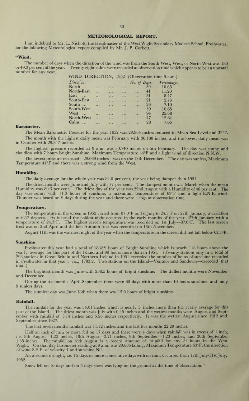 METEOROLOGICAL REPORT. I am indebted to Mr. L. Nichols, the Headmaster of the West Wight Secondary Modern School, Freshwater, for the following Meteorological report compiled by Mr. J. P. Corbett. “Wind. The number of days when the direction of the wind was from the South West, West, or North West was 180 or 49.3 per cent of the year. Twenty eight calms were recorded at observation time which appears to be an unusual number for any year. WIND DIRECTION, Direction. 1952 (Observation time 9 a.m.) No. of Days. Percentage. North ... 39 10.65 North-East 41 11.20 East 31 8.47 South-East 21 5.73 South ... 26 7.10 South-West 39 10.65 West ... 94 25.68 North-West ... 47 12.84 Calm ... 28 7.65 Barometer. The Mean Barometric Pressure for the year 1952 was 29.964 inches reduced to Mean Sea Level and 32°F. The month with the highest daily mean was February with 30.138 inches, and the lowest daily mean was in October with 29.847 inches. The highest pressure recorded at 9 a.m. was 30.740 inches on 5th February. The day was sunny and cloudless with 7 hours Bright Sunshine, Maximum Temperature 44°F and a light wind of direction N.N.W. The lowest pressure recorded—29.069 inches—was on the 13th December. The day was sunless, Maximum Temperature 44°F and there was a strong wind from the West. Humidity. The daily average for the whole year was 84.0 per cent, the year being damper than 1951. File driest months were June and July with 77 per cent. The dampest month was March when the mean Humidity was 89.3 per cent. The driest day of the year was 22nd August with a Humidity of 46 per cent. The day was sunny with 11.3 hours of sunshine, a maximum temperature of 69°F and a light E.N.E. wind. Thunder was heard on 9 days during the year and there were 4 fogs at observation time. Temperature. The temperature in the screen in 1952 varied from 87.0°F on 1st July to 24.3°F on 27th January, a variation of 62.7 degrees. As is usual the coldest night occurred in the early months of the year—27th January with a temperature of 24.3°F. The highest screen temperature was recorded on 1st July—87.0°F. The last screen frost was on 2nd April and the first Autumn frost was recorded on 13th November. August 11th was the warmest night of the year when the temperature in the screen did not fall below 62.1°F. Sunshine. Freshwater this year had a total of 1882.9 hours of Bright Sunshine which is nearly 118 hours above the yearly average for this part of the Island and 99 hours more than in 1951. (Twenty stations only in a total of 298 stations in Great Britain and Northern Ireland in 1951 exceeded the number of hours of sunshine recorded in Freshwater in that year ; viz., 1783.2. Two stations on the Island—Ventnor and Sandown—exceeded that total.) The brightest month was June with 258.5 hours of bright sunshine. The dullest months were November and December. During the six months April-September there were 60 days with more than 10 hours sunshine and only 9 sunless days. The sunniest day was June 18th when there was 15.0 hours of bright sunshine. Rainfall. The rainfall for the year was 34.01 inches which is nearly 5 inches more than the yearly average for this part of the Island, The driest month was July with 0.45 inches and the wettest months were August and Sept- ember with rainfall of 5.14 inches and 5.26 inches respectively. It was the wettest August since 1912 and September since 1927. The first seven months rainfall was 11.72 inches and the last five months 22.29 inches. Half an inch of rain or more fell on 17 days and there were 4 days when rainfall was in excess of 1 inch, i.e. 8th August—1.22 inches, 18th August—2.71 inches, 9th September—1.23 inches, and 30th September 1.35 inches. The rainfall on 18th August is a record amount of rainfall for any 24 hours in the West Wight. On that day Barometer reading at 9 a.m. was 29.686 falling, Maximum Temperature 63°F, the direction of wind S.S.E. of velocity 4 and sunshine Nil. An absolute drought, i.e. 15 days or more consecutive days with no rain, occurred from 17th July-31st July, 1952. Snow fell on 10 days and on 5 days snow was lying on the ground at the time of observation.”