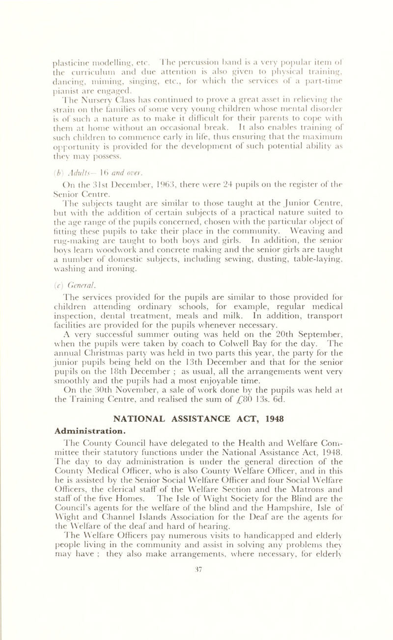 plasticine modelling, etc. The percussion band is a very popular item o! the curriculum and due attention is also given to physical training, dancing, miming, singing, etc., for which the services of a part-time pianist are engaged. I lie Nursery Class has continued to prove a great asset in relieving the strain on the families of some very young children whose mental disorder is of such a nature as to make it difficult for their parents to cope with them at home without an occasional break. It also enables training of such children to commence early in life, thus ensuring that the maximum opportunity is provided for the development of such potential ability as they may possess. b) Adults- 16 and over. On the 31st December, 1963, there were 24 pupils on the register of the Senior Centre. The subjects taught are similar to those taught at the Junior Centre, but with the addition of certain subjects of a practical nature suited to the age range of the pupils concerned, chosen with the particular object of fitting these pupils to take their place in the community. Weaving and rug-making are taught to both boys and girls. In addition, the senior boys learn woodwork and concrete making and the senior girls are taught a number of domestic subjects, including sewing, dusting, table-laying, washing and ironing. (c) General. The services provided for the pupils are similar to those provided for children attending ordinary schools, for example, regular medical inspection, dental treatment, meals and milk. In addition, transport facilities are provided for the pupils whenever necessary. A very successful summer outing was held on the 20th September, when the pupils were taken by coach to Colwell Bay for the day. The annual Christmas party was held in two parts this year, the party for the junior pupils being held on the 13th December and that for the senior pupils on the 18th December ; as usual, all the arrangements went very smoothly and the pupils had a most enjoyable time. On the 30th November, a sale of work done by the pupils was held at the Training Centre, and realised the sum of £80 13s. 6d. NATIONAL ASSISTANCE ACT, 1948 Administration. The County Council have delegated to the Health and Welfare Com- mittee their statutory functions under the National Assistance Act, 1948. The day to day administration is under the general direction of the County Medical Officer, who is also County Welfare Officer, and in this he is assisted by the Senior Social Welfare Officer and four Social Welfare Officers, the clerical staff of the Welfare Section and the Matrons and staff of the five Homes. The Isle of Wight Society for the Blind are the Council’s agents for the welfare of the blind and the Hampshire, Isle of Wight and Channel Islands Association for the Deaf are the agents for the Welfare of the deaf and hard of hearing. The Welfare Officers pay numerous visits to handicapped and elderb people living in the community and assist in solving any problems they may have ; they also make arrangements, where necessary, for elderb M