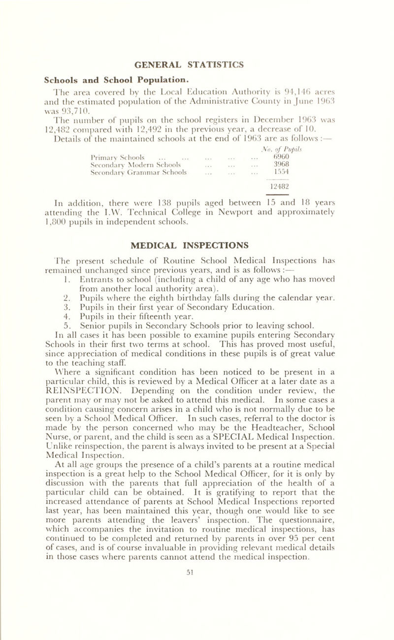GENERAL STATISTICS Schools and School Population. The area covered by the Local Education Authority is 94,146 acres and the estimated population of the Administrative County in June 1963 was 93,710. The number of pupils on the school registers in December 1963 was 12,482 compared with 12,492 in the previous year, a decrease of 10. Details of the maintained schools at the end of 1963 arc as follows:— . Y«. of Pupils Primary Schools Secondary Modern Schools Secondary Grammar Schools 12482 In addition, there were 138 pupils aged between 15 and 18 years attending the I.YV. Technical College in Newport and approximately 1,800 pupils in independent schools. MEDICAL INSPECTIONS I’he present schedule of Routine School Medical Inspections has remained unchanged since previous years, and is as follows :— 1. Entrants to school (including a child of any age who has moved from another local authority area). 2. Pupils where the eighth birthday falls during the calendar year. 3. Pupils in their first year of Secondary Education. 4. Pupils in their fifteenth year. 5. Senior pupils in Secondary Schools prior to leaving school. In all cases it has been possible to examine pupils entering Secondary- Schools in their first two terms at school. This has proved most useful, since appreciation of medical conditions in these pupils is of great value to the teaching staff. Where a significant condition has been noticed to be present in a particular child, this is reviewed by a Medical Officer at a later date as a RE INSPECTION. Depending on the condition under review, the parent may or may not be asked to attend this medical. In some cases a condition causing concern arises in a child who is not normally due to be seen by a School Medical Officer. In such cases, referral to the doctor is made by the person concerned who may be the Headteacher, School Nurse, or parent, and the child is seen as a SPECIAL Medical Inspection. Unlike reinspection, the parent is always invited to be present at a Special Medical Inspection. At all age groups the presence of a child’s parents at a routine medical inspection is a great help to the School Medical Officer, for it is only by- discussion with the parents that full appreciation of the health of a particular child can be obtained. It is gratifying to report that the increased attendance of parents at School Medical Inspections reported last year, has been maintained this year, though one would like to see more parents attending the leavers’ inspection. The questionnaire, which accompanies the invitation to routine medical inspections, has continued to be completed and returned by parents in over 95 per cent of cases, and is of course invaluable in providing relevant medical details in those cases where parents cannot attend the medical inspection.