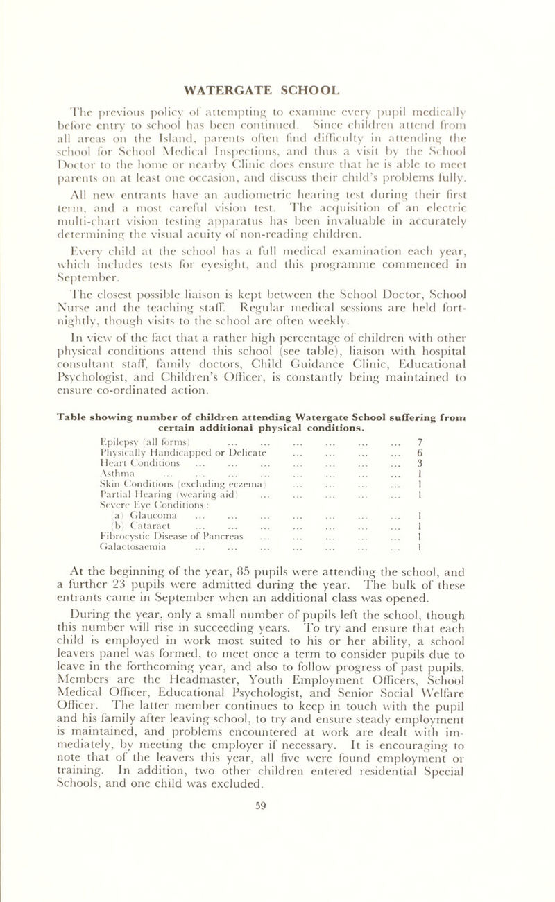 WATERGATE SCHOOL The previous policy of attempting to examine every pupil medically before entry to school has been continued. Since children attend from all areas on the Island, parents often find difficulty in attending the school for School Medical Inspections, and thus a visit by the School Doctor to the home or nearby Clinic does ensure that he is able to meet parents on at least one occasion, and discuss their child’s problems fully. All new entrants have an audiometric hearing test during their first term, and a most careful vision test. T he acquisition of an electric multi-chart vision testing apparatus lias been invaluable in accurately determining the visual acuity of non-reading children. Every child at the school has a full medical examination each year, which includes tests for eyesight, and this programme commenced in September. T he closest possible liaison is kept between the School Doctor, School Nurse and the teaching staff. Regular medical sessions are held fort- nightly. though visits to the school are often weekly. In view of the fact that a rather high percentage of children with other physical conditions attend this school (see table), liaison with hospital consultant staff, family doctors, Child Guidance Clinic, Educational Psychologist, and Children’s Officer, is constantly being maintained to ensure co-ordinated action. Table showing number of children attending Watergate School suffering from certain additional physical conditions. Epilepsy (all forms) Physically Handicapped or Delicate H eart Conditions Asthma Skin Conditions (excluding eczema) Partial Hearing (wearing aid! Severe Eye Conditions : (a) Glaucoma (b) Cataract Fibrocystic Disease of Pancreas Galactosaemia 7 6 3 1 1 1 1 I At the beginning of the year, 85 pupils were attending the school, and a further 23 pupils were admitted during the year. The bulk of these entrants came in September when an additional class was opened. During the year, only a small number of pupils left the school, though this number will rise in succeeding years. To try and ensure that each child is employed in work most suited to his or her ability, a school leavers panel was formed, to meet once a term to consider pupils due to leave in the forthcoming year, and also to follow progress of past pupils. Members are the Headmaster, Youth Employment Officers, School Medical Officer, Educational Psychologist, and Senior Social Welfare Officer. The latter member continues to keep in touch with the pupil and his family after leaving school, to try and ensure steady employment is maintained, and problems encountered at work are dealt with im- mediately, by meeting the employer if necessary. It is encouraging to note that ol the leavers this year, all live were found employment or training. In addition, two other children entered residential Special Schools, and one child was excluded.