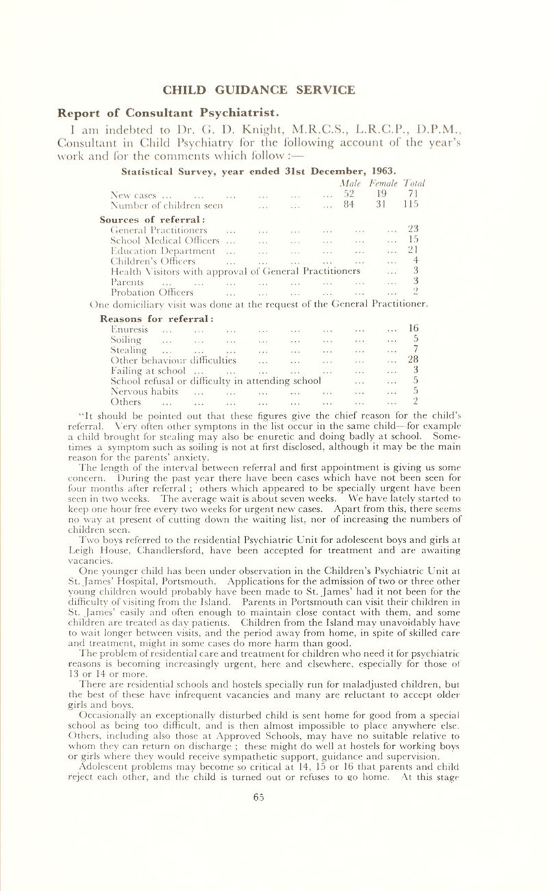 CHILD GUIDANCE SERVICE Report of Consultant Psychiatrist. I am indebted to Dr. G. D. Knight, M.R.C.S., L.R.C.P., D.P.M., Consultant in Child Psychiatry for the following account of the year’s work and for the comments which follow :— Statistical Survey, year ended 31st December, 1963. Male f emale Total New cases ... ... ... ... ••• ••• 52 19 71 Number of children seen ... ... ... 84 31 115 Sources of referral: General Practitioners ... ... ... ••• 23 School Medical Officers ... ... ... ... • •• ••• 15 1.duration Department ... ... ... ... ••• 21 Children’s Officers ... ... ... • •• 4 Health Visitors with approval of General Practitioners ... 3 Parents ... ... ... ... ... ••• 3 Probation Officers ... ... ... ... ••• ••• 2 One domiciliary visit was done at the request of the General Practitioner. Reasons for referral: Enuresis ... ... ... ... ... ••• ••• 16 Soiling ... ... ... ... ... ... ... ... 5 Stealing ... ... ... ... ... ... ... 7 Other behaviour difficulties ... ... ... ... 28 Failing at school ... ... ... ... ... ... 3 School refusal or difficulty in attending school ... ... 5 Nervous habits ... ... ... ... ... ... 5 Others ... ... ... ... ... ... ... ... 2 “It should be pointed out that these figures give the chief reason for the child’s referral. Very often other symptons in the list occur in the same child - for example a child brought for stealing may also be enuretic and doing badly at school. Some- times a symptom such as soiling is not at first disclosed, although it may be the main reason for the parents’ anxiety. The length of the interval between referral and first appointment is giving us some concern. During the past year there have been cases which have not been seen for four months after referral ; others which appeared to be specially urgent have been seen in two weeks. The average wait is about seven weeks. VVe have lately started to keep one hour free every two weeks for urgent new cases. Apart from this, there seems no way at present of cutting down the waiting list, nor of increasing the numbers of children seen. Two boys referred to the residential Psychiatric Unit for adolescent boys and girls at Leigh House, Chandlersford, have been accepted for treatment and are awaiting vacancies. One younger child has been under observation in the Children’s Psychiatric Unit at St. James’ Hospital, Portsmouth. Applications for the admission of two or three other young children would probably have been made to St. James’ had it not been for the difficulty of visiting from the Island. Parents in Portsmouth can visit their children in St. James’ easily and often enough to maintain close contact with them, and some children are treated as day patients. Children from the Island may unavoidably have to wait longer between visits, and the period away from home, in spite of skilled care and treatment, might in some cases do more harm than good. The problem of residential care and treatment for children who need it for psychiatric reasons is becoming increasingly urgent, here and elsewhere, especially for those of 13 or 14 or more. There are residential schools and hostels specially run for maladjusted children, but the best of these have infrequent vacancies and many are reluctant to accept older girls and boys. Occasionally an exceptionally disturbed child is sent home for good from a special school as being too difficult, and is then almost impossible to place anywhere else. Others, including also those at Approved Schools, may have no suitable relative to whom they can return on discharge ; these might do well at hostels for working boys or girls where they would receive sympathetic support, guidance and supervision. Adolescent problems may become so critical at 14, 15 or 16 that parents and child reject each other, and the child is turned out or refuses to go home. At this stage