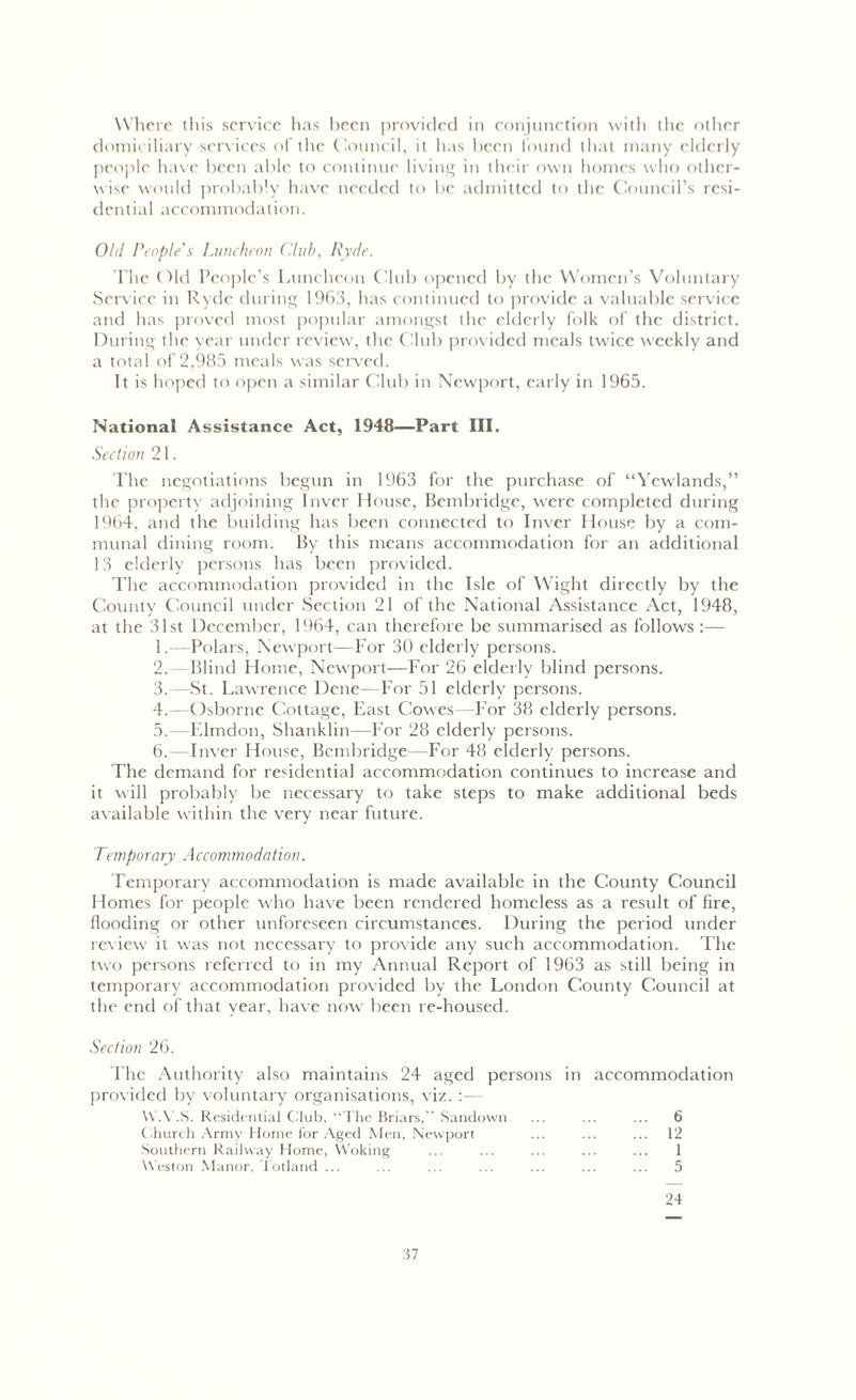 Where this service has been provided in conjunction with the other domiciliary services of the Council, it has been found that many elderly people have been able to continue living in their own homes who other- wise would probably have needed to be admitted to the Council’s resi- dential accommodation. Old People's Luncheon Club, Ryde. The Old People’s Luncheon Club opened by the Women’s Voluntary Service in Ryde during 1963, has continued to provide a valuable service and has proved most popular amongst the elderly folk of the district. During the year under review, the Club provided meals twice weekly and a total of 2,985 meals was served. It is hoped to open a similar Club in Newport, early in 1965. National Assistance Act, 1948—Part III. Section 21. The negotiations begun in 1963 for the purchase of “Yewlands,” the property adjoining Inver House, Bembridge, were completed during 1964, and the building has been connected to Inver House by a com- munal dining room. By this means accommodation for an additional 13 elderly persons has been provided. The accommodation provided in the Isle of Wight directly by the County Council under Section 21 of the National Assistance Act, 1948, at the 31st December, 1964, can therefore be summarised as follows :— 1. —Polars, Newport—For 30 elderly persons. 2. —Blind Home, Newport-—For 26 elderly blind persons. 3. —St. Lawrence Dene—For 51 elderly persons. 4. —Osborne Cottage, East Cowes—For 38 elderly persons. 5. —Elmdon, Shanklin—For 28 elderly persons. 6. —Inver House, Bembridge—For 48 elderly persons. The demand for residential accommodation continues to increase and it will probably be necessary to take steps to make additional beds available within the very near future. Temporary Accommodation. Temporary accommodation is made available in the County Council Homes for people who have been rendered homeless as a result of fire, flooding or other unforeseen circumstances. During the period under review it was not necessary to provide any such accommodation. The two persons referred to in my Annual Report of 1963 as still being in temporary accommodation provided by the London County Council at the end of that year, have now been re-housed. Section 26. The Authority also maintains 24 aged persons in accommodation provided by voluntary organisations, viz. :— W.Y.S. Residential Club, “The Briars,” Sandown Church Army Home for Aged Men, Newport Southern Railway Home, Woking Weston Manor, Totland ... 6 12 1 5 24
