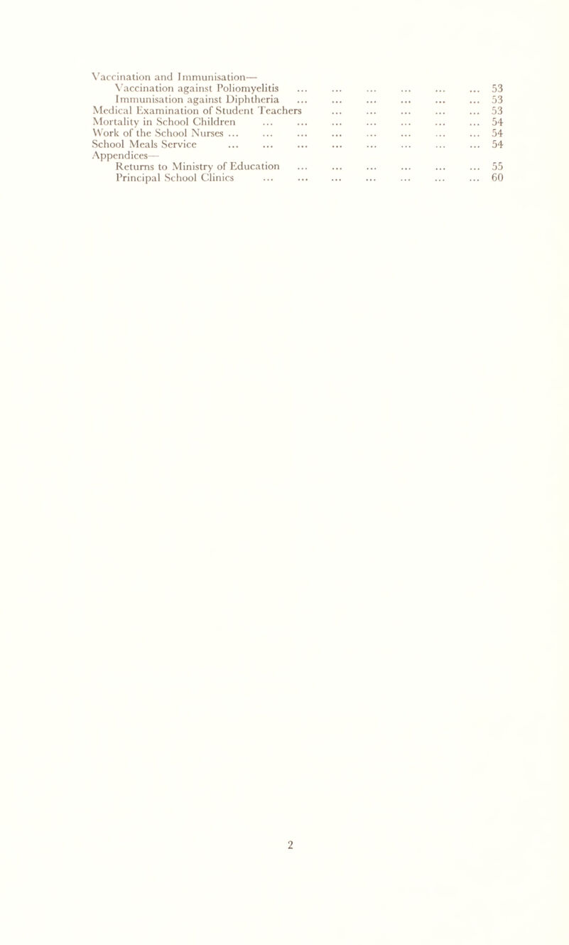 Vaccination and Immunisation— Vaccination against Poliomyelitis Immunisation against Diphtheria Medical Examination of Student Teachers Mortality in School Children Work of the School Nurses ... School Meals Service Appendices— Returns to Ministry of Education Principal School Clinics 53 53 53 54 54 54 55 60