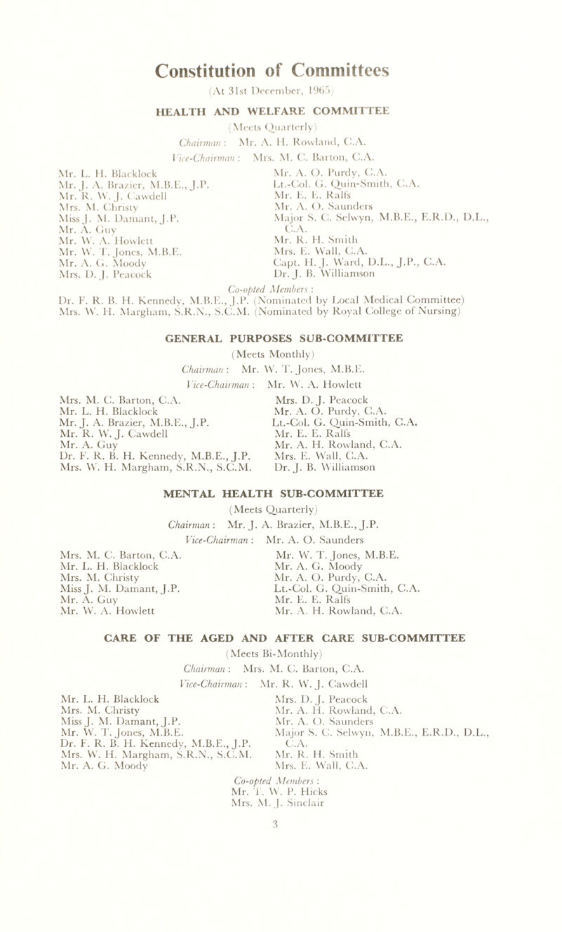Constitution of Committees (At 31st December, 1D<» > HEALTH AND WELFARE COMMITTEE Meets Quarterly > Chairman : I ice-Chairman Mr. L. 11. Blacklock Mr. ). A. Brazier, M.B.E., J.P. Mr. R. VV. J. ( aw dell Mrs. M. Cliristy Miss ). M. Damant,J.P. Mr. A. Guy Mr. W. A. Howlett Mr. W. I . Jones, M.B.E. Mr. A. G. Moodv Mrs. D.J. Peacock Mr. A. 11. Rowland, C.A. : Mrs. M. C. Barton, C.A. Mr. A. (). Purdy, C.A. Lt.-Col. G. Quin-Smith, C.A. Mr. E. E. Rail's Mr. A. O. Saunders Major S. C. Selwyn, M.B.E., E.R.D., D.L., C.A. Mr. R. II. Smith Mrs. E. Wall, C.A. Capt. H..J. Ward, D.L., J.P., C.A. Dr. J. B. Williamson Co-o/ited Members : Dr. F. R. B. H. Kennedy, M.B.E., J.P. (Nominated by Local Medical Committee) Mrs. W. H. Margham, S.R.N., S.C.M. (Nominated by Royal College of Nursing) GENERAL PURPOSES SUB-COMMITTEE (Meets Monthly) Chairman : Mr. W. T. Jones, M.B.E. 1 ice-Chairman : Mr. W. A. Howlett Mrs. M. C. Barton, C.A. Mr. L. H. Blacklock Mr. J. A. Brazier, M.B.E., J.P. Mr. R. W. J. Cawdell Mr. A. Guy Dr. F. R. B. H. Kennedy, M.B.E., J.P. Mrs. W. H. Margham, S.R.N., S.C.M. Mrs. D.J. Peacock Mr. A. O. Purdy, C.A. Lt.-Col. G. Quin-Smith, C.A. Mr. E. E. Ralfs Mr. A. H. Rowland, C.A. Mrs. E. Wall, C.A. Dr. J. B. Williamson MENTAL HEALTH SUB-COMMITTEE (Meets Quarterly) Chairman : Mr. J. A. Brazier, M.B.E., J.P. Vice-Chairman : Mr. A. O. Saunders Mrs. M. C. Barton, C.A. Mr. L. H. Blacklock Mrs. M. Christy MissJ. M. Damant, J.P. Mr. A. Guy Mr. W. A. Howlett Mr. W. T. Jones, M.B.E. Mr. A. G. Moody Mr. A. O. Purdy, C.A. Lt.-Col. G. Quin-Smith, C.A, Mr. E. E. Rail's Mr. A. H. Rowland, C.A. CARE OF THE AGED AND AFTER CARE SUB-COMMITTEE (Meets Bi-Monthly) Chairman : Mrs. M. Cl. Barton. C.A. Vice-Chairman : Mr. L. H. Blacklock Mrs. M. Christy MissJ. M. Damant, J.P. Mr. W. T. Jones, M.B.E. Dr. F. R. B. H. Kennedy, M.B.E., J.P. Mrs. W. H. Margham, S.R.N., S.C.M. Mr. A. G. Moody Mr. R. W. J. Cawdell Mrs. D.J. Peacock Mr. A. H. Rowland, C.A. Mr. A. O. Saunders Major S. C. Selwyn, M.B.E., E.R.D.. D.L., C.A. Mr. R. 11. Smith Mrs. E. Wall, C.A. Co-opted Members : Mr. T. W. P. Hicks Mrs. M. J. Sinclair