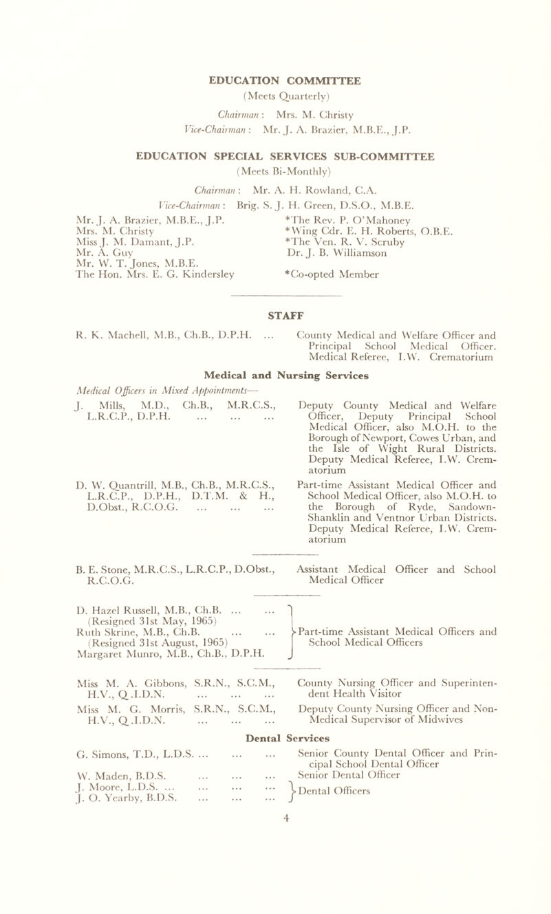 EDUCATION COMMITTEE (Meets Quarterly) Chairman : Mrs. M. Christy Vice-Chairman: Mr. J. A. Brazier, M.B.E., J.P. EDUCATION SPECIAL SERVICES SUB-COMMITTEE (Meets Bi-Monthly) Mr. A. H. Rowland, C.A. Brig. S. J. H. Green, D.S.O., M.B.E Chairman : Vice-Chairman : Mr. J. A. Brazier, M.B.E., J.P. Mrs. M. Christy MissJ. M. Damant, J.P. Mr. A. Guy Mr. W. T. Jones, M.B.E. The Hon. Mrs. E. G. Kindersley *The Rev. P. O’Mahoney *Wing Cdr. E. H. Roberts, O.B.E *The Ven. R. V. Scruby Dr. J. B. Williamson * Co-opted Member STAFF R. K. Machell, M.B., C'.h.B., D.P.H. ... County Medical and Welfare Officer and Principal School Medical Officer. Medical Referee, I.W. Crematorium Medical and Nursing Services Medical Officers in Mixed Appointments—■ J. Mills, M.D., Ch.B., M.R.C.S., L.R.C.P., D.P.H D. W. Quantrill, M.B., Ch.B., M.R.C.S., L.R.C.P., D.P.H., D.T.M. & H., D.Obst., R.C.O.G Deputy County Medical and Welfare Officer, Deputy Principal School Medical Officer, also M.O.H. to the Borough of Newport, Cowes Urban, and the Isle of YVight Rural Districts. Deputy Medical Referee, I.W. Crem- atorium Part-time Assistant Medical Officer and School Medical Officer, also M.O.H. to the Borough of Ryde, Sandown- Shanklin and Ventnor Urban Districts. Deputy Medical Referee, I.W. Crem- atorium B. E. Stone, M.R.C.S., L.R.C.P., D.Obst., Assistant Medical Officer and School R.C.O.G. Medical Officer D. Hazel Russell, M.B., Ch.B. ... (Resigned 31st May, 1965) Ruth Skrine, M.B., Ch.B. (Resigned 31st August, 1965) Margaret Munro, M.B., Ch.B., D.P.H. Miss M. A. Gibbons, S.R.N., S.C.M., H.V., Q.I.D.N Miss M. G. Morris, S.R.N., S.C.M., H.V., Q.I.D.N Dental G. Simons, T.D., L.D.S. ... W. Maden, B.D.S. J. Moore, L.D.S. ... J. O. Ycarby, B.D.S. 1 ► Part-time Assistant Medical Officers and School Medical Officers County Nursing Officer and Superinten- dent Health Visitor Deputy County Nursing Officer and Non- Medical Supervisor of Midwives Services Senior County Dental Officer and Prin- cipal School Dental Officer Senior Dental Officer ^■Dental Officers
