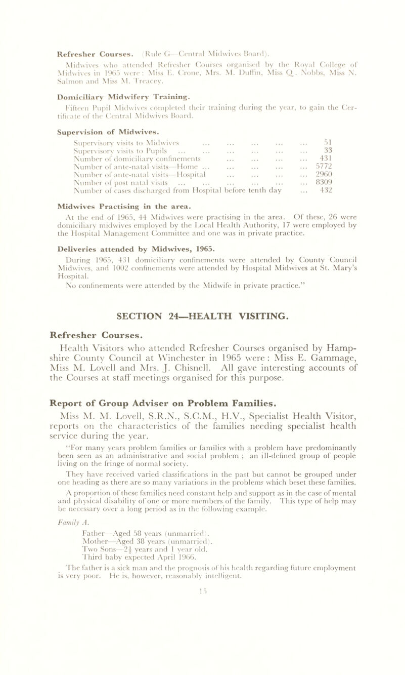 Refresher Courses. Rule C Central Midwives Board). Midwives who attended Refresher Courses organised by the Royal College of .Midwives in 1965 were: Miss 1.. Crone, Mrs. M. Diilfin, Miss Q_. Nobbs, Miss N. Salmon and Miss M. I reacev. Domiciliary Midwifery Training. Fifteen Pupil Midwives completed their training during the year, to gain the Cer- tificate of the Central Midwives Board. Supervision of Mid wives. Supervisory visits to Midwives ... ... ... ... ... 51 Supervisory visits to Pupils ... ... ... ... ... ... 33 Number of domiciliary confinements ... ... ... ... 431 Number of ante-natal visits—Home ... ... ... ... ... 5772 Number of ante-natal visits— Hospital ... ... ... ... 2960 Number of post natal visits ... ... ... ... ... ... 8309 Number of cases discharged from Hospital before tenth day ... 432 Midwives Practising in the area. At the end of 1965, 44 Midwives were practising in the area. Of these, 26 were domiciliary midwives employed by the Local Health Authority, 17 were employed by the Hospital Management Committee and one w'as in private practice. Deliveries attended by Midwives, 1965. During 1965, 431 domiciliary confinements were attended by County Council Midwives, and 1002 confinements were attended by Hospital Midwives at St. Mary’s Hospital. No confinements were attended by the Midwife in private practice.” SECTION 24—HEALTH VISITING. Refresher Courses. Health Visitors who attended Refresher Courses organised by Hamp- shire County Council at Winchester in 1965 were: Miss E. Gammage, Miss M. Lovell and Mrs. J. Chisnell. All gave interesting accounts of the Courses at staff meetings organised for this purpose. Report of Group Adviser on Problem Families. Miss M. M. Lovell, S.R.N., S.C.M., H.V., Specialist Health Visitor, reports on the characteristics of the families needing specialist health service during the year. “For many years problem families or families with a problem have predominantly been seen as an administrative and social problem ; an ill-defined group of people living on the fringe of normal society. They have received varied classifications in the past but cannot be grouped under one heading as there are so many variations in the problem? which beset these families. A proportion of these families need constant help and support as in the case of mental and physical disability of one or more members of the family. This type of help may be necessary over a long period as in the following example. Family A. Father—Aged 58 years (unmarried!. Mother—Aged 38 years (unmarried). Two Sons—24 years and 1 year old. Third baby expected April 1966. The father is a sick man and the prognosis of his health regarding future employment is very poor. He is, however, reasonably intelligent.