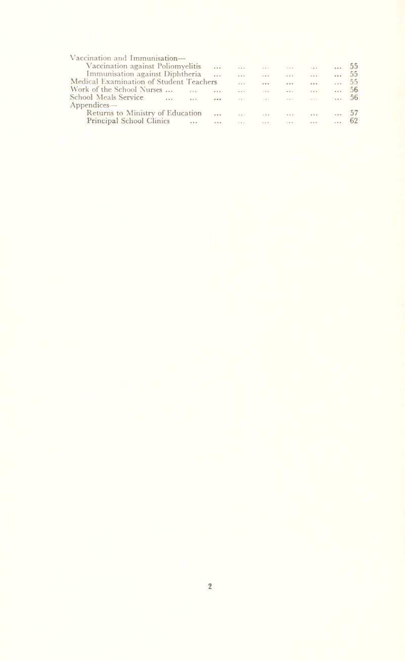 Vaccination and Immunisation— Vaccination against Poliomyelitis Immunisation against Diphtheria Medical Examination of Student Teachers Work of the School Nurses ... School Meals Service Appendices— Returns to Ministry of Education Principal School Clinics 55 55 55 56 56 57 62