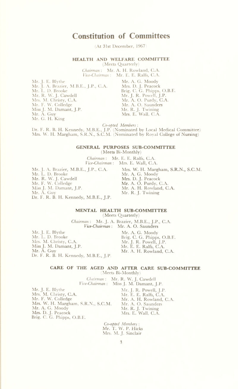 Constitution of Committees (At 31st December, 1967 HEALTH AND WELFARE COMMITTEE (Meets Quarterly) Chairman: Mr. Vice-Chairman : Mr. J. E. Blythe Mr. J. A. Brazier, M.B.E..J.P., C.A. Mr. L. D. Brooke Mr. R. W. J. Cawdell Mrs. M. Christy, C.A. Mr. F. VV. Colledge Missl. M. Damant, J.P. Mr. A. Guy Mr. G. H. King A. H. Rowland, C.A. Mr. E. E. Rail's, C.A. Mr. A. G. Moody Mrs. D. J. Peacock Brig. G. G. Phipps, O.B.E. Mr. J. R. Powell, J.P. Mr. A. O. Purdy, C.A. Mr. A. O. Saunders Mr. R. J. Twining Mrs. E. Wall. C.A. Co-opted Members : Dr. F. R. B. H. Kennedy, M.B.E., J.P. (Nominated by Focal Medical Committee) Mrs. W. H. Margham, S.R.N., S.C.M. (Nominated by Royal College of Nursing) Chairman : 1 ice-Chairman Mr. J. A. Brazier, M.B.E..J.P., C.A. Mr. L. D. Brooke Mr. R. W. J. Cawdell Mr. F. W. Colledge Miss J. M. Damant, J.P. Mr. A. Guy Dr. F. R. B. H. Kennedy, M.B.E., J.P. E. E. Ralfs, C.A. Mrs. E. Wall, C.A. Mrs. W. H. Margham, S.R.N., S.C.M Mr. A. G. Moody Mrs. D. J. Peacock Mr. A. O. Purdy, C.A. Mr. A. FI. Rowland, C.A. Mr. R. J. Twining GENERAL PURPOSES SUB-COMMITTEE (Meets Bi-Monthly) Mr. MENTAL HEALTH SUB-COMMITTEE (Meets Quarterly) Chairman-. Mr. J. A. Brazier, M.B.E., J.P., C.A. Vice-Chairman : Mr. A. O. Saunders Mr. J. E. Blythe Mr. L. D. Brooke Mrs. M. Christy, C.A. MissJ. M. Damant, J.P. Mr. A. Guy Dr. F. R. B. H. Kennedy, M.B.E., J.P. Mr. A. G. Moody Brig. C. G. Phipps, O.B.E. Mr. J. R. Powell, J.P. Mr. E. E. Ralfs, C.A. Mr. A. H. Rowland, C.A. CARE OF THE AGED AND AFTER CARE SUB-COMMITTEE Meets Bi-Monthly) Chairman: Mr. R. W. J. Cawdell Vice-Chairman: Miss J. M. Damant, J.P. Mr. J. E. Blythe Mr. J. R. Powell, J.P. Mrs. M. Christy, C.A. Mr. E. E. Ralfs, C.A. Mr. F. W. Colledge Mr. A. H. Rowland, C.A. Mrs. W. FI. Margham, S.R.N., S.C.M. Mr. A. O. Saunders Mr. A. G. Moody Mr. R. J. Twining Mrs. D. J. Peacock Mrs. E. Wall, C.A. Brig. C. G. Phipps, O.B.E. Co-opted Members : Mr. T. W. P. Flicks Mrs. M. J. Sinclair