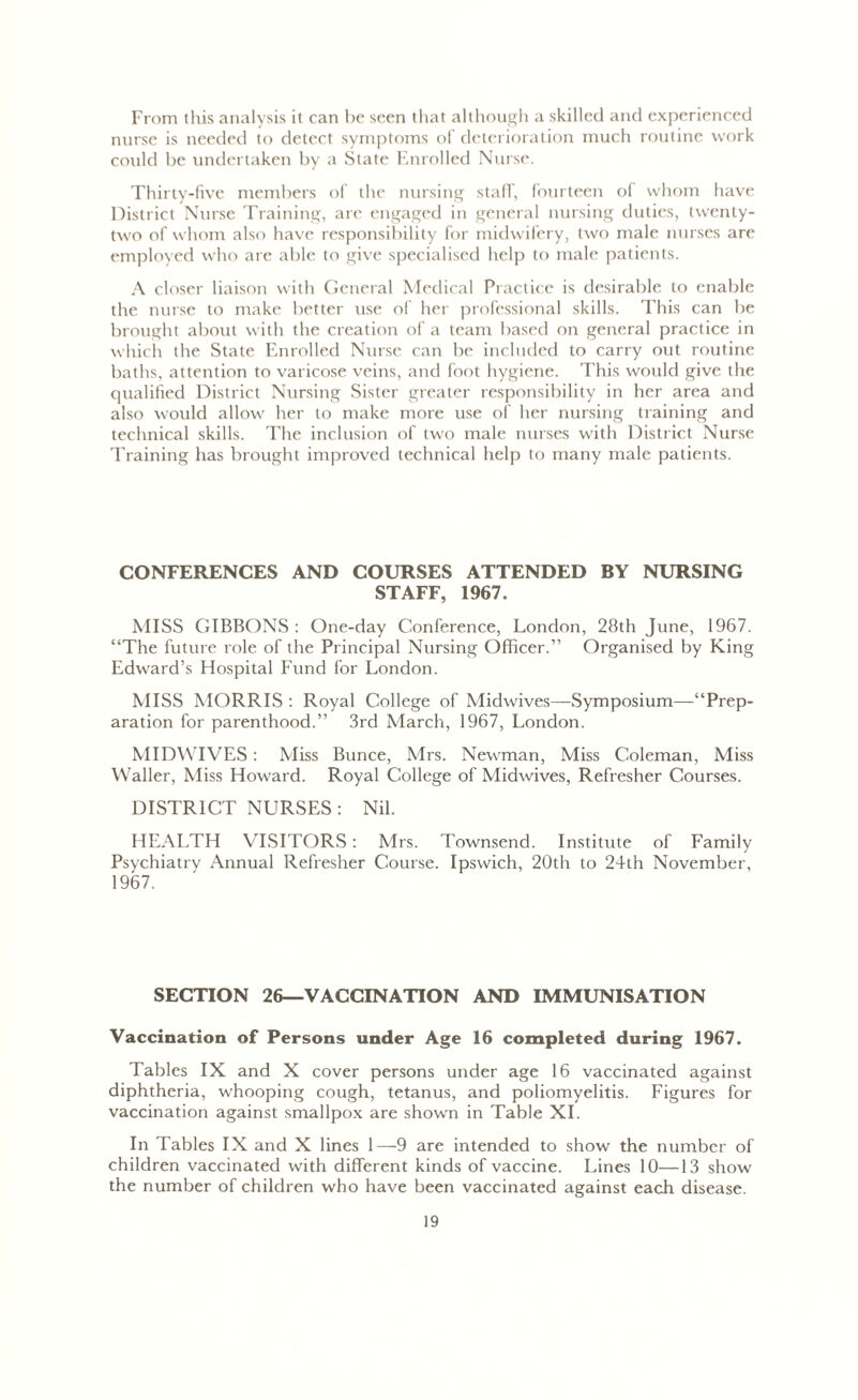 From this analysis it can he seen that although a skilled and experienced nurse is needed to detect symptoms of deterioration much routine work could be undertaken by a State Enrolled Nurse. Thirty-five members of the nursing staff, fourteen of whom have District Nurse Training, are engaged in general nursing duties, twenty- two of whom also have responsibility for midwifery, two male nurses are employed who are able to give specialised help to male patients. A closer liaison with General Medical Practice is desirable to enable the nurse to make better use of her professional skills. This can be brought about with the creation of a team based on general practice in which the State Enrolled Nurse can be included to carry out routine baths, attention to varicose veins, and foot hygiene. This would give the qualified District Nursing Sister greater responsibility in her area and also would allow her to make more use of her nursing training and technical skills. The inclusion of two male nurses with District Nurse Training has brought improved technical help to many male patients. CONFERENCES AND COURSES ATTENDED BY NURSING STAFF, 1967. MISS GIBBONS : One-day Conference, London, 28th June, 1967. “The future role of the Principal Nursing Officer.” Organised by King Edward’s Hospital Fund for London. MISS MORRIS : Royal College of Midwives—Symposium—“Prep- aration for parenthood.” 3rd March, 1967, London. MIDWIVES : Miss Bunce, Mrs. Newman, Miss Coleman, Miss Waller, Miss Howard. Royal College of Midwives, Refresher Courses. DISTRICT NURSES : Nil. HEALTH VISITORS: Mrs. Townsend. Institute of Family Psychiatry Annual Refresher Course. Ipswich, 20th to 24th November, 1967. SECTION 26—VACCINATION AND IMMUNISATION Vaccination of Persons under Age 16 completed during 1967. Tables IX and X cover persons under age 16 vaccinated against diphtheria, whooping cough, tetanus, and poliomyelitis. Figures for vaccination against smallpox are shown in Table XI. In Tables IX and X lines 1—9 are intended to show the number of children vaccinated with different kinds of vaccine. Lines 10—13 show the number of children who have been vaccinated against each disease.