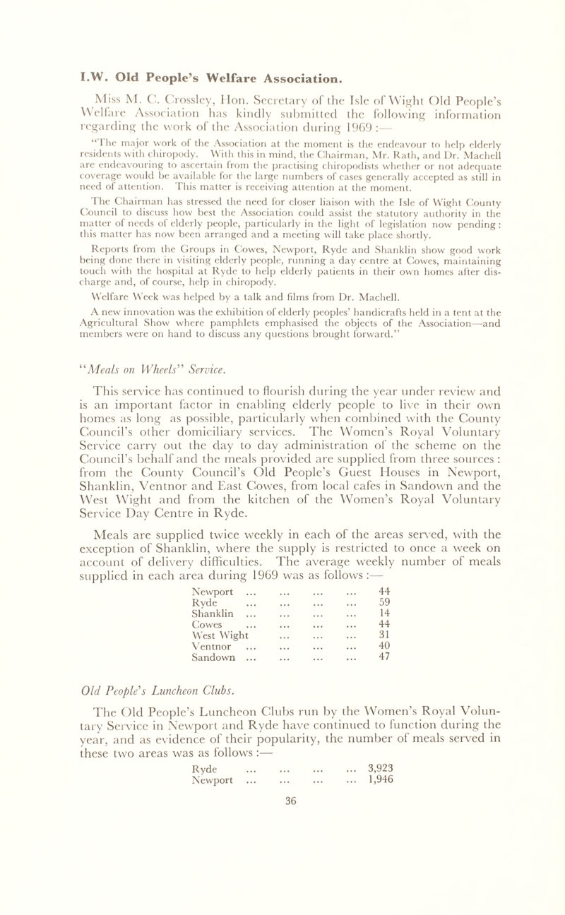 I.W. Old People’s Welfare Association. Miss M. C. Crossley, lion. Secretary of the Isle of Wight Old People’s Welfare Association has kindly submitted the following information regarding the work of the Association during 1969 :— “ 1 lie major work of the Association at the moment is the endeavour to Help elderly residents with chiropody. With this in mind, the Chairman, Mr. Rath, and I)r. Machell are endeavouring to ascertain from the practising chiropodists whether or not adequate coverage would be available for the large numbers of cases generally accepted as still in need of attention. This matter is receiving attention at the moment. The Chairman has stressed the need for closer liaison with the Isle of Wight County Council to discuss how best the Association could assist the statutory authority in the matter of needs of elderly people, particularly in the light of legislation now pending : this matter has now been arranged and a meeting will take place shortly. Reports from the Groups in Cowes, Newport, Ryde and Shanklin show good work being done there in visiting elderly people, running a day centre at Cowes, maintaining touch with the hospital at Ryde to help elderly patients in their own homes after dis- charge and, of course, help in chiropody. Welfare Week was helped by a talk and films from Dr. Machell. A new innovation was the exhibition of elderly peoples’ handicrafts held in a tent at the Agricultural Show where pamphlets emphasised the objects of the Association—and members were on hand to discuss any questions brought forward.” ''‘‘Meals on Wheels” Service. This service has continued to flourish during the year under review and is an important factor in enabling elderly people to live in their own homes as long as possible, particularly when combined with the County Council’s other domiciliary services. The Women’s Royal Voluntary- Service carry out the day to day administration of the scheme on the Council’s behalf and the meals provided are supplied from three sources : from the County Council’s Old People’s Guest Houses in Newport, Shanklin, Ventnor and East Cowes, from local cafes in Sandown and the W est Wight and from the kitchen of the Women’s Royal Voluntary Service Day Centre in Ryde. Meals are supplied twice weekly in each of the areas served, with the exception of Shanklin, where the supply is restricted to once a week on account of delivery difficulties. The average weekly number of meals supplied in each area during 1969 was as follows :— Newport ... ... ... ... 44 Ryde ... ... ... ... 59 Shanklin ... ... ... ... 14 Cowes ... ... ... ... 44 West Wight ... ... ... 31 Ventnor ... ... ... ... 40 Sandown ... ... ... ... 47 Old People's Luncheon Clubs. The Old People’s Luncheon Clubs run by the Women’s Royal Volun- tary Service in Newport and Ryde have continued to function during the year, and as evidence of their popularity, the number of meals served in these two areas was as follows :— Ryde ... ... ... ... 3,923 Newport ... ... ... ... 1,946