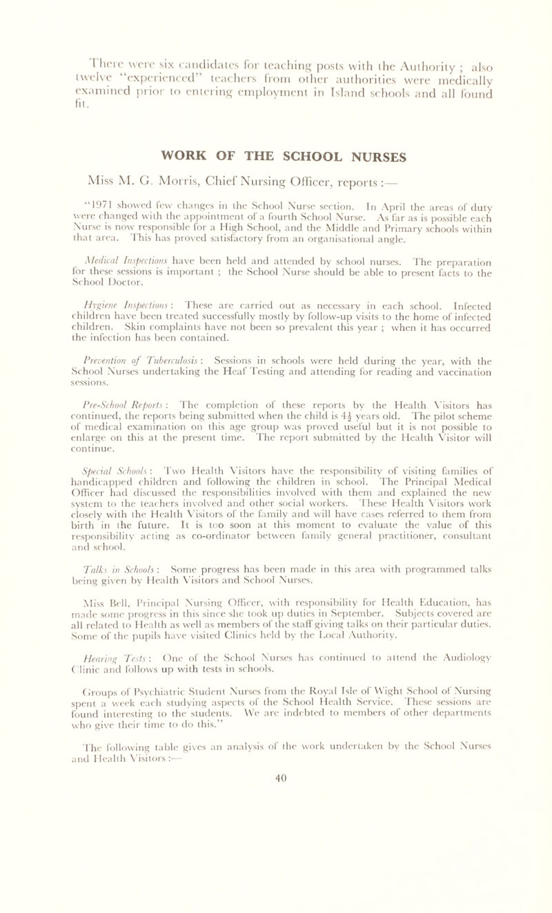 1 here were six candidates for teaching posts with the Authority ; also twelve experienced teachers from other authorities were medically examined prior to entering employment in Island schools and all found fit. WORK OF THE SCHOOL NURSES Miss M. G. Morris, Chief Nursing Officer, reports:— “1971 showed few changes in the School Nurse section. In April the areas of duty were changed with the appointment of a fourth School Nurse. As far as is possible each Nurse is now responsible for a High School, and the Middle and Primary schools within that area. This has proved satisfactory from an organisational angle. Medical Inspections have been held and attended by school nurses. The preparation for these sessions is important ; the School Nurse should be able to present facts to the School Doctor. Hygiene Inspections: These are carried out as necessary in each school. Infected children have been treated successfully mostly by follow-up visits to the home of infected children. Skin complaints have not been so prevalent this year ; when it has occurred the infection has been contained. Prevention of Tuberculosis : Sessions in schools were held during the year, with the School Nurses undertaking the Heaf Testing and attending for reading and vaccination sessions. Pre-School Reports: The completion of these reports by the Health Visitors has continued, the reports being submitted when the child is years old. The pilot scheme of medical examination on this age group was proved useful but it is not possible to enlarge on this at the present time. The report submitted by the Health Visitor will continue. Special Schools : Two Health Visitors have the responsibility of visiting families of handicapped children and following the children in school. The Principal Medical Officer had discussed the responsibilities involved with them and explained the new system to the teachers involved and other social workers. These Health Visitors work closely with the Health Visitors of the family and will have cases referred to them from birth in the future. It is too soon at this moment to evaluate the value of this responsibility acting as co-ordinator between family general practitioner, consultant and school. Talks in Schools: Some progress has been made in this area with programmed talks being given by Health Visitors and School Nurses. Miss Bell, Principal Nursing Officer, with responsibility for Health Education, has made some progress in this since she took up duties in September. Subjects covered are all related to Health as well as members of the staff giving talks on their particular duties. Some of the pupils have visited Clinics held by the Local Authority. Hearing Tests : One of the School Nurses has continued to attend the Audiology Clinic and follows up with tests in schools. Croups of Psychiatric Student Nurses from the Royal Isle of Wight School of Nursing spent a week each studying aspects of the School Health Service. These sessions arc found interesting to the students. We arc indebted to members of other departments who give their time to do this.” The following table gives tin analysis of the work undertaken by the School Nurses and Health Visitors :—