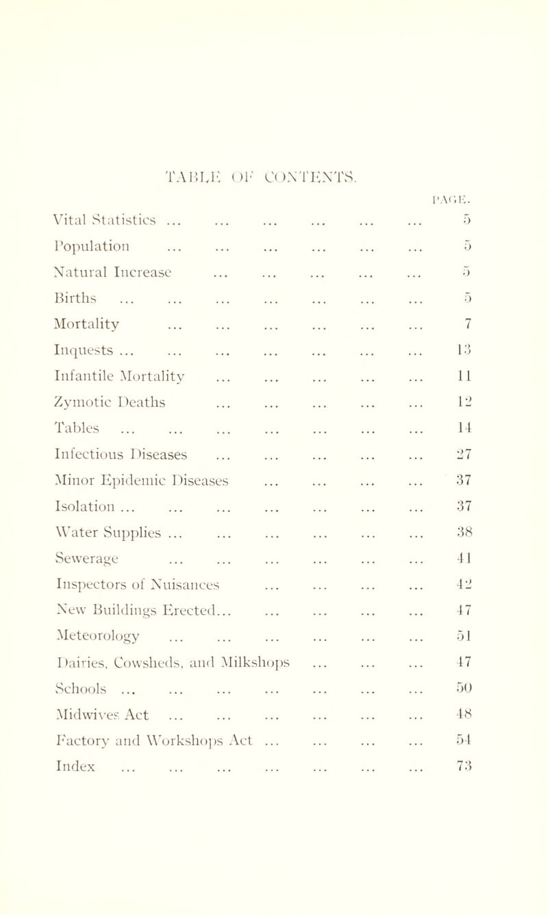 TABI.E OF CONTENTS. iwr.K. Vital Statistics ... ... ... ... ... ... 5 Population ... ... ... ... ... ... 5 Natural Increase ... ... ... ... ... 5 Births ... ... ... ... ... ... ... 5 Mortality ... ... ... ... ... ... 7 Inquests ... ... ... ... ... ... ... 13 Infantile Mortality ... ... ... ... ... 11 Zymotic Deaths ... ... ... ... ... 12 Tables . 14 Infectious Diseases ... ... ... ... ... 27 Minor Epidemic Diseases ... ... ... ... 37 Isolation ... ... ... ... ... ... ... 37 Water Supplies ... ... ... ... ... ... 38 Sewerage ... ... ... ... ... ... 41 Inspectors of Nuisances ... ... ... ... 42 New Buildings Erected... ... ... ... ... 47 Meteorology ... ... ... ... ... ... 51 Dairies, Cowsheds, and Milkshops ... ... ... 47 Schools ... ... ... ... ... ... ... 50 Midwives Act ... ... ... ... ••• ... 48 Factory and Workshops Act ... ... ... ... 54 Index . 73