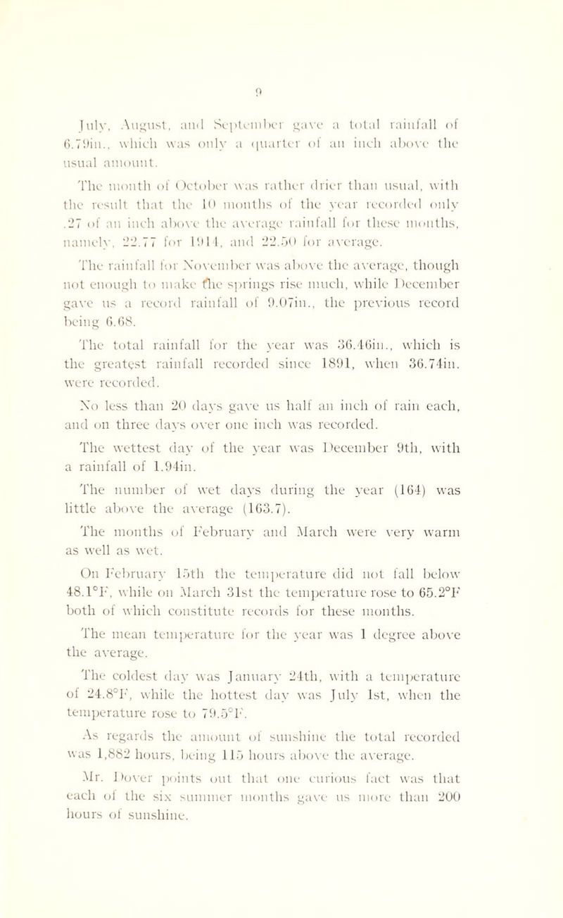 p July, August, and September gave a total rainfall of 6.79in., which was only a quarter of an inch above the usual amount. The month of October was rather drier than usual, with the result that the 10 months of the year recorded only .27 of an inch above the average rainfall for these months, namely, 22.77 for 1914, and 22.50 for average. The rainfall for November was above the average, though not enough to make flie springs rise much, while December gave us a record rainfall of 9.07in., the previous record being 6.68. The total rainfall for the year was 36.46in., which is the greatest rainfall recorded since 1891, when 36.74in. were recorded. No less than 20 days gave us half an inch of rain each, and on three days over one inch was recorded. The wettest day of the year was December 9th, with a rainfall of 1.94in. The number of wet days during the year (164) was little above the average (163.7). The months of February and March were very warm as well as wet. On February 15th the temperature did not fall below 48.1°F, while on March 31st the temperature rose to 65.2°F both of which constitute records for these months. The mean temperature for the year was 1 degree above the average. The coldest day was January 24th, with a temperature of 24.8°F, while the hottest day was July 1st, when the temperature rose to 79.5°F. As regards the amount of sunshine the total recorded was 1,882 hours, being 115 hours above the average. Mr. Dover points out that one curious fact was that each of the six summer months gave us more than 200 hours of sunshine.