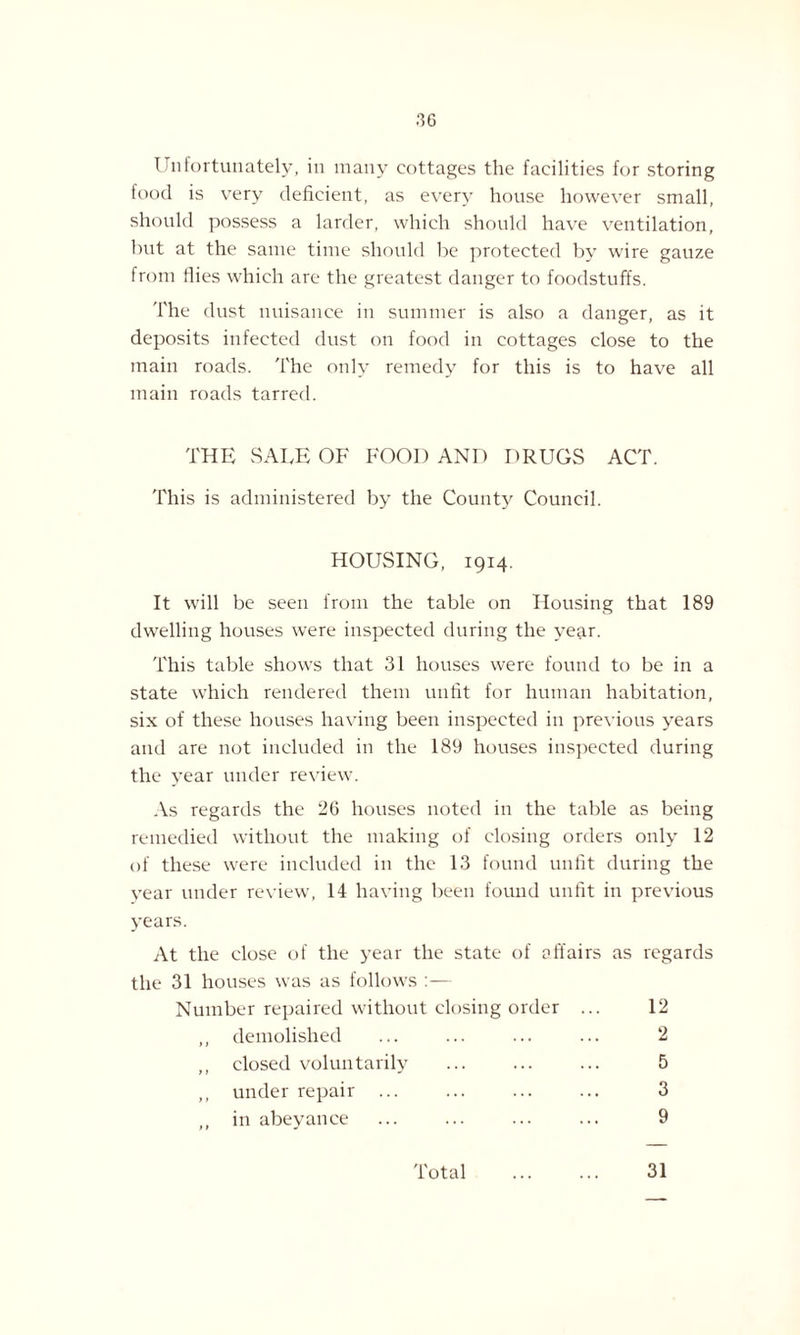 Unfortunately, in many cottages the facilities for storing food is very deficient, as every house however small, should possess a larder, which should have ventilation, but at the same time should be protected by wire gauze from flies which are the greatest danger to foodstuffs. The dust nuisance in summer is also a danger, as it deposits infected dust on food in cottages close to the main roads. The only remedy for this is to have all main roads tarred. THE SALE OF FOOD AND DRUGS ACT. This is administered by the County Council. HOUSING, 1914. It will be seen from the table on Housing that 189 dwelling houses were inspected during the year. This table shows that 31 houses were found to be in a state which rendered them unfit for human habitation, six of these houses having been inspected in previous years and are not included in the 189 houses inspected during the year under review. As regards the 26 houses noted in the table as being remedied without the making of closing orders only 12 of these were included in the 13 found unfit during the year under review, 14 having been found unfit in previous years. At the close of the year the state of affairs as regards the 31 houses was as follows :— Number repaired without closing order ... 12 ,, demolished ... ... ... ... 2 ,, closed voluntarily ... ... ... 5 ,, under repair ... ... ... ... 3 ,, in abeyance ... ... ... ... 9 Total ... ... 31