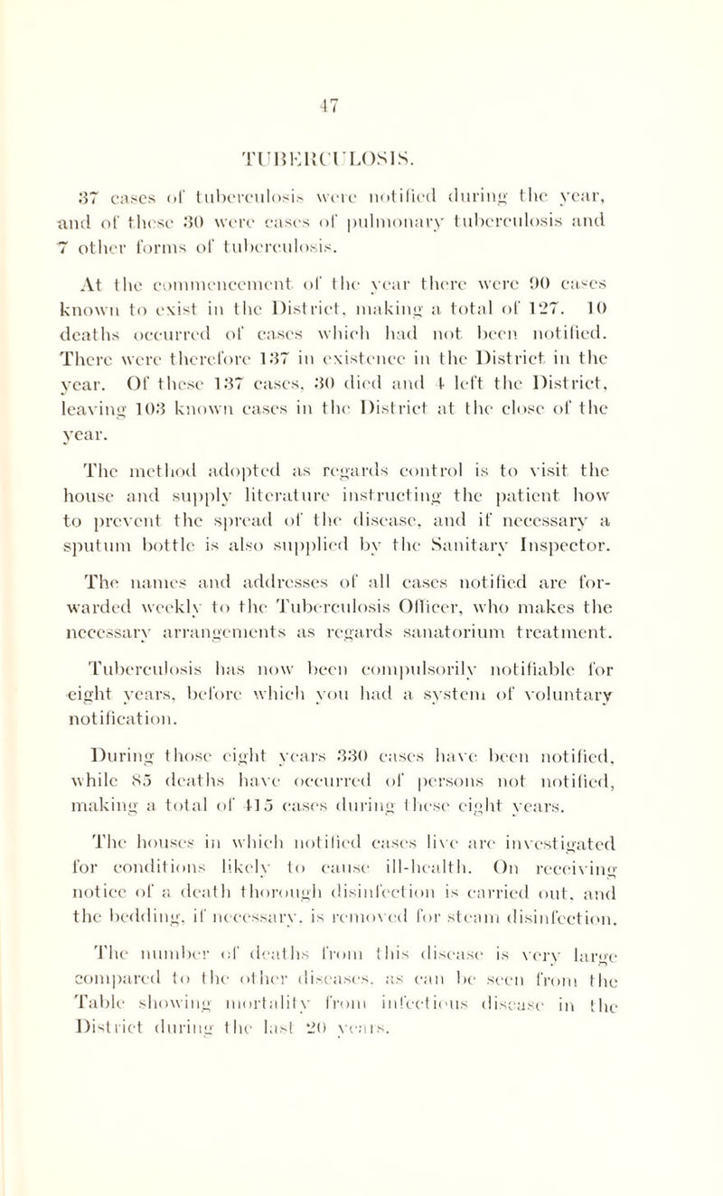 -17 TUBKKCl LOSIS. .37 cases of tuberculosis were notified during the year, and of these 30 were eases of pulmonary tuberculosis and 7 other forms of tuberculosis. At the commencement of the year there were 90 cases known to exist in the District, making a total of 127. 10 deaths occurred of eases which had not been notified. There were therefore 137 in existence in the District in the year. Of these 137 cases, 30 died and 1 left the District, leaving 103 known eases in the. District at the close of the year. The method adopted as regards control is to visit the house and supply literature instructing the patient how to prevent the spread of the disease, and if necessary a sputum bottle is also supplied by the Sanitary Inspector. The names and addresses of all cases notified are for- warded weekly to the Tuberculosis Officer, who makes the necessary arrangements as regards sanatorium treatment. Tuberculosis has now been compulsorily notifiable for eight years, before which you had a system of voluntary notification. During those eight years 330 cases have been notified, while 85 deaths have occurred of persons not notified, making a total of 415 cases during these eight years. The houses in which notified cases live arc investigated for conditions likely to cause ill-health. On receiving notice of a death thorough disinfection is carried out. and the bedding, if necessary, is removed for steam disinfection. The number of deaths from this disease is very large compared to the other diseases, as can be seen from the Table showing mortality from infectious disease in the District during the last 20 years.