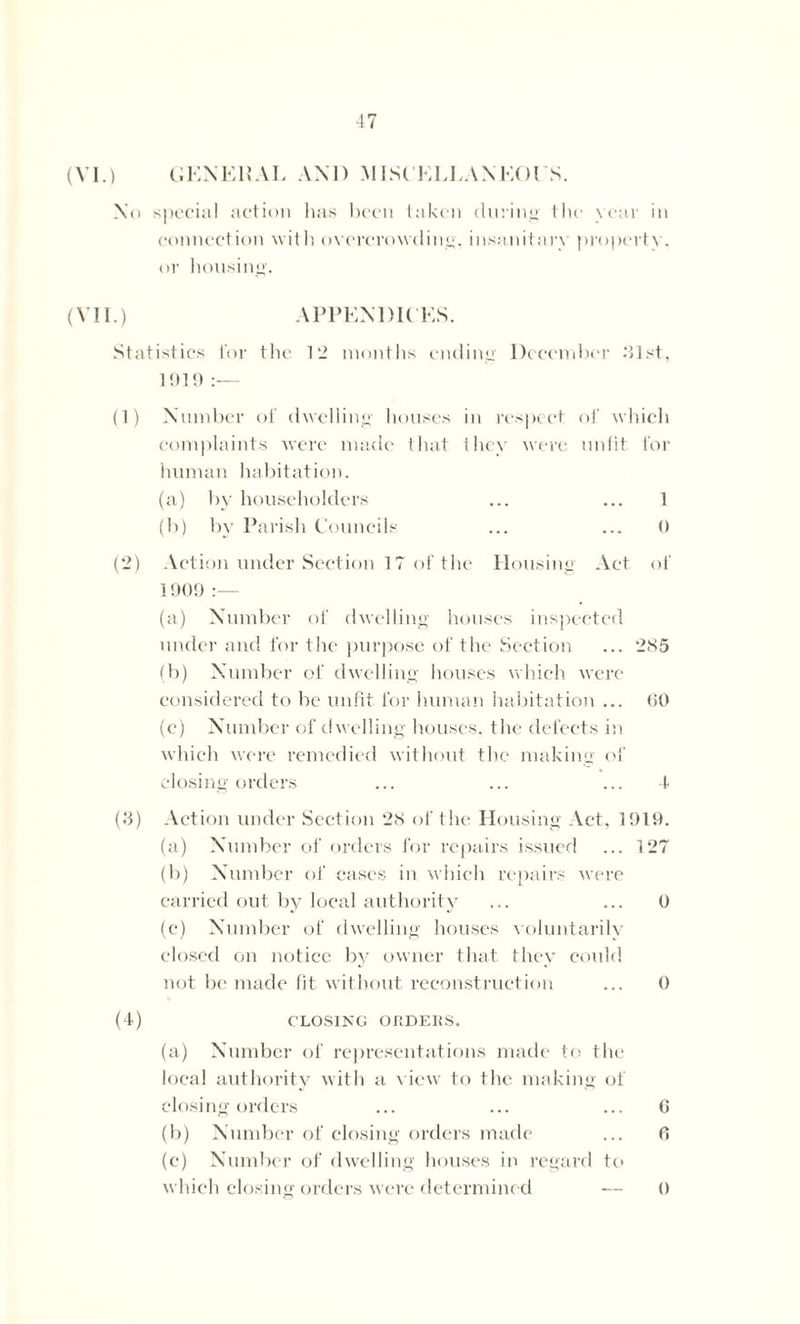 (VI.) GENERAL AND MISCELLANEOUS. No special action lias been taken during the year in connection with overcrowding, insanitary property, or housing'. (VII.) APPENDICES. Statistics for the 12 months ending December .‘list, 1919 :— (1) Number of dwelling houses in respect of which complaints were made that they were unfit for human habitation. (a) by householders ... ... 1 (b) by Parish Councils ... ... () (*2) Action under Section 17 of the Housing Act of 1909 — (a) Number of dwelling houses inspected under and for the purpose of the Section ... 285 (b) Number of dwelling houses which were considered to be unfit for human habitation ... 60 (c) Number of dwelling houses, the defects in which were remedied without the making of closing orders ... ... ... 4 (3) Action under Section 28 of the Housing Act, 1919. (a) Number of orders for repairs issued ... 127 (b) Number of cases in which repairs were carried out by local authority ... ... 0 (c) Number of dwelling houses voluntarily closed on notice by owner that they could not be made fit without reconstruction ... 0 (4) CLOSING ORDERS. (a) Number of representations made to the local authority with a view to the making of closing orders ... ... ... 6 (b) Number of closing orders made ... 6 (c) Number of dwelling houses in regard to which closing orders were determined ()