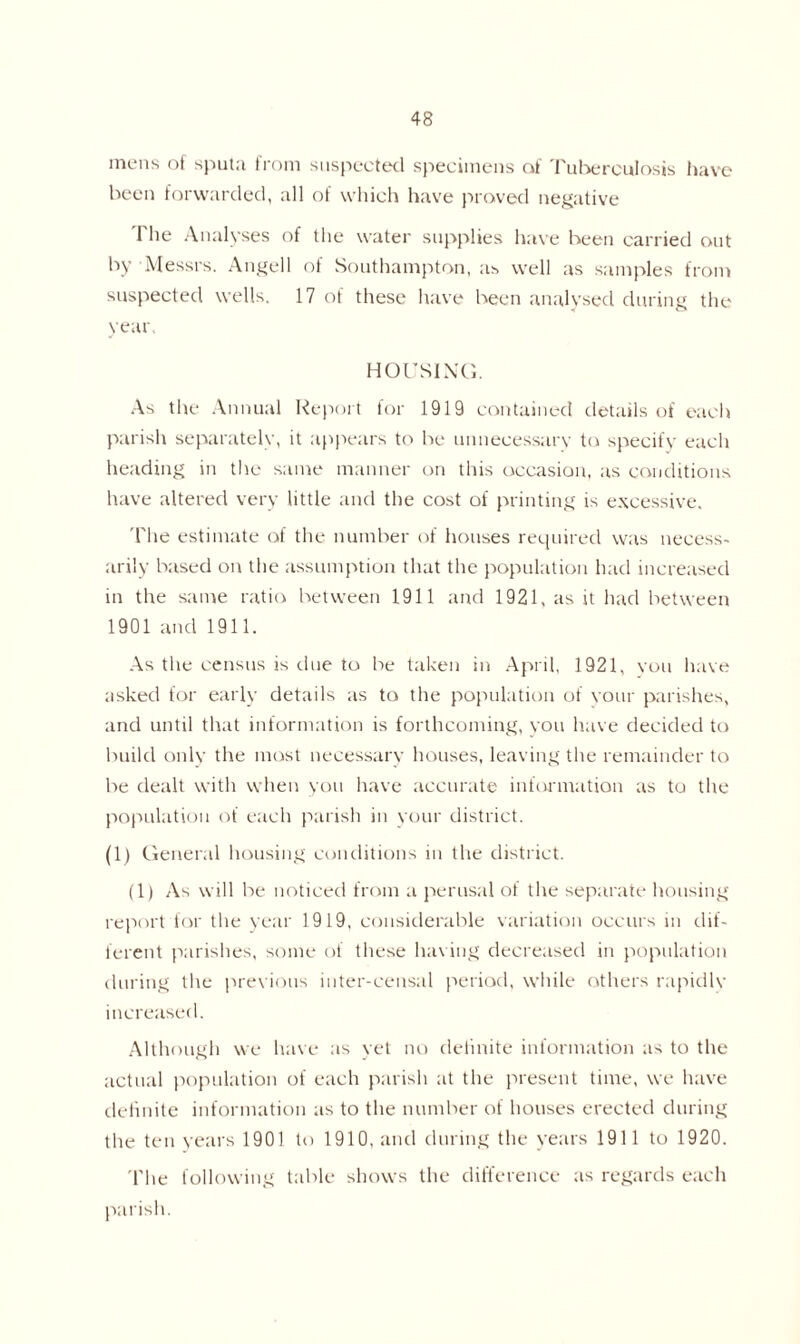 mens of sputa from suspected specimens of Tuberculosis have been forwarded, all of which have proved negative The Analyses of the water supplies have been carried out by Messrs. Angell of Southampton, as well as samples from suspected wells. 17 of these have been analysed during the year, HOUSING. As the Annual Report for 1919 contained details of each parish separately, it appears to be unnecessary to specify each heading in the same manner on this occasion, as conditions have altered very little and the cost of printing is excessive. The estimate of the number of houses required was necess- arily based on the assumption that the population had increased in the same ratio between 1911 and 1921, as it had between 1901 and 1911. As the census is due to be taken in April, 1921, you have asked for early details as to the population of your parishes, and until that information is forthcoming, you have decided to build only the most necessary houses, leaving the remainder to be dealt with when you have accurate information as to the population of each parish in your district. (1) General housing conditions in the district. (1) As will be noticed from a perusal of the separate housing report for the year 1919, considerable variation occurs in dif- ferent parishes, some of these having decreased in population during the previous inter-censal period, while others rapidly increased. Although we have as yet no definite information as to the actual population of each parish at the present time, we have definite information as to the number of houses erected during the ten years 1901 to 1910, and during the years 1911 to 1920. The following table shows the difference as regards each parish.