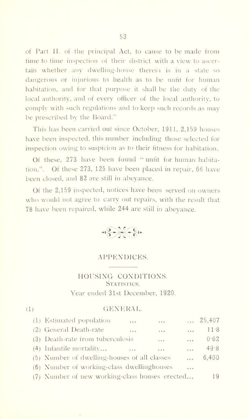 of Part II. of the principal Act, to cause to he made from time to time inspection of their district with a view to ascer- tain whether any dwelling-house therein is in a state so dangerous or injurious to health as to he unfit for human habitation, and for that purpose it shall lie the duty of the local authority, and of every officer of the local authority, to comply with such regulations and to keep such records as may he prescribed by the Board. This has been carried out since October, 1911, 2,159 houses have been inspected, this number including those selected for inspection owing to suspicion as to their fitness for habitation. Of these, 273 have been found u unlit for human habita- tion,”. Of these 273, 125 have been placed in repair, 66 have been closed, and 82 are still in abeyance. Of the 2,159 inspected, notices have been served on owners who would not agree to carry out repairs, with the result that 78 have been repaired, while 244 are still in abeyance. APPENDICES. HOUSING CONDITIONS. StatisI ICS. Year ended 31st December, 1920. H) (1) Estimated population (2) General Death-rate (3) Death-rate from tuberculosis (4) Infantile mortality... (5) Number of dwelling-houses of all classes (6) Number of working-class dwellinghouses (7) Number of new working-class houses erected. 25,407 11-8 0-62 49-8 6,400 19
