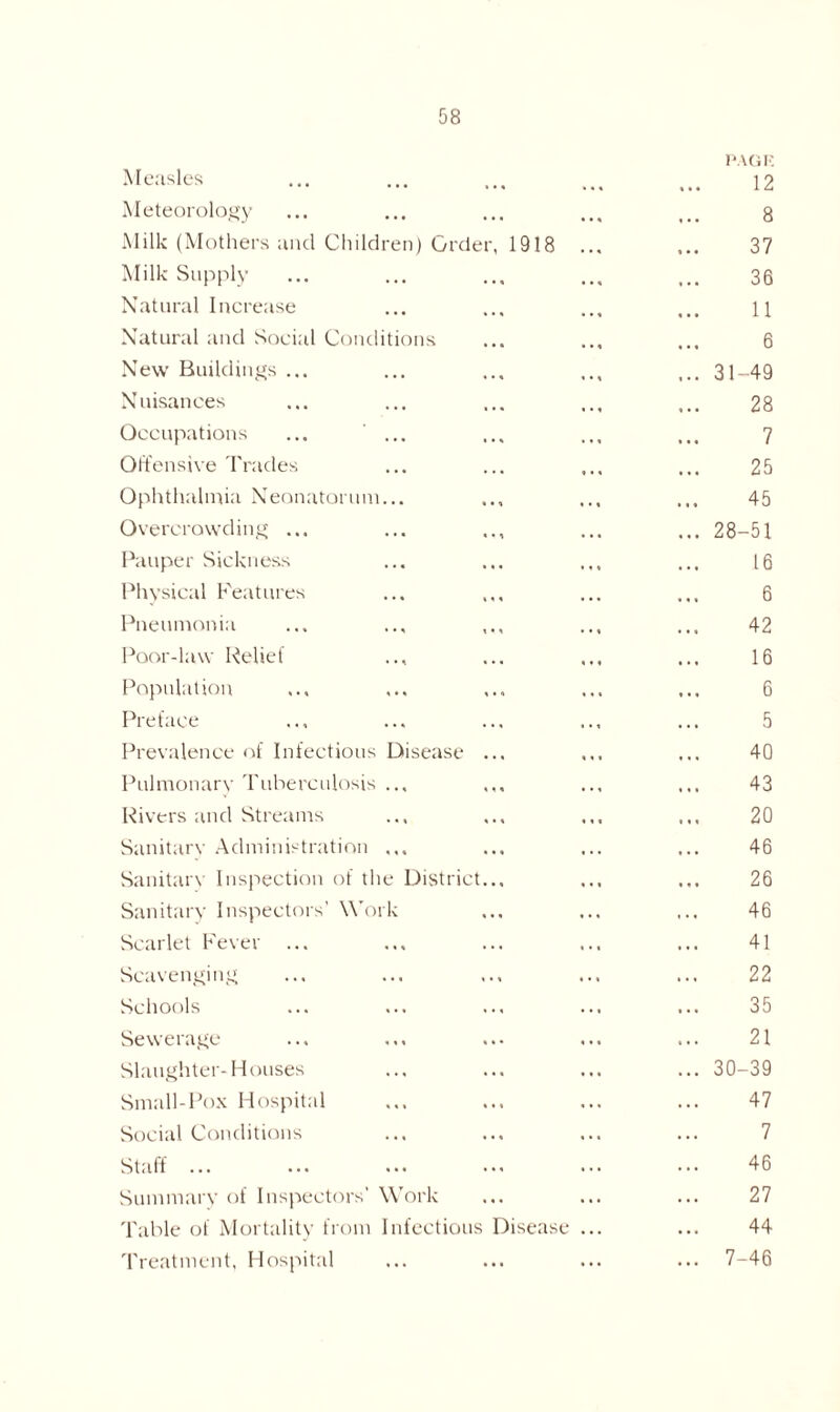 PAGIi Measles ... ... ... ... ... 12 Meteorology ... ... ... ... ... 8 Milk (Mothers and Children) Order, 1918 ... ... 37 Milk Supply ... ... ... ... ... 36 Natural Increase ... ... ... ... n Natural and Social Conditions ... ... ... 6 New Buildings ... ... ... ... ... 31-49 Nuisances ... ... ... ... ... 28 Occupations ... ... ... ... ... 7 Offensive Trades ... ... ... ... 25 Ophthalmia Neonatorum... ... ... ... 45 Overcrowding ... ... .., ... ... 28-51 Pauper Sickness ... ... ... ... 16 Physical Features ... ... ... ... 6 Pneumonia ... ... ... ... 42 Poor-law Relief ... ... ... ... 16 Population ... ... ... ... ... 6 Preface ... ... ... ... ... 5 Prevalence of Infectious Disease ... ... ... 40 Pulmonary Tuberculosis ... ... ... ... 43 Rivers and Streams ... ... ... ... 20 Sanitarv Administration ... ... ... ... 46 Sanitarv Inspection of the District... ... ... 26 Sanitary Inspectors’ Work ... ... ... 46 Scarlet Fever ... ... ... ... ... 41 Scavenging ... ... ... ... ... 22 Schools ... ... ... ... ... 35 Sewerage ... ... ... ... ... 21 Slaughter-Houses ... ... ... ... 30-39 Small-Pox Hospital ... ... ... ... 47 Social Conditions ... ... ... ... 7 Staff ... ... ... ... ... ... 46 Summary of Inspectors’ Work ... ... ... 27 Table of Mortality from Infectious Disease ... ... 44 Treatment, Hospital ... ... ... ... 7-46