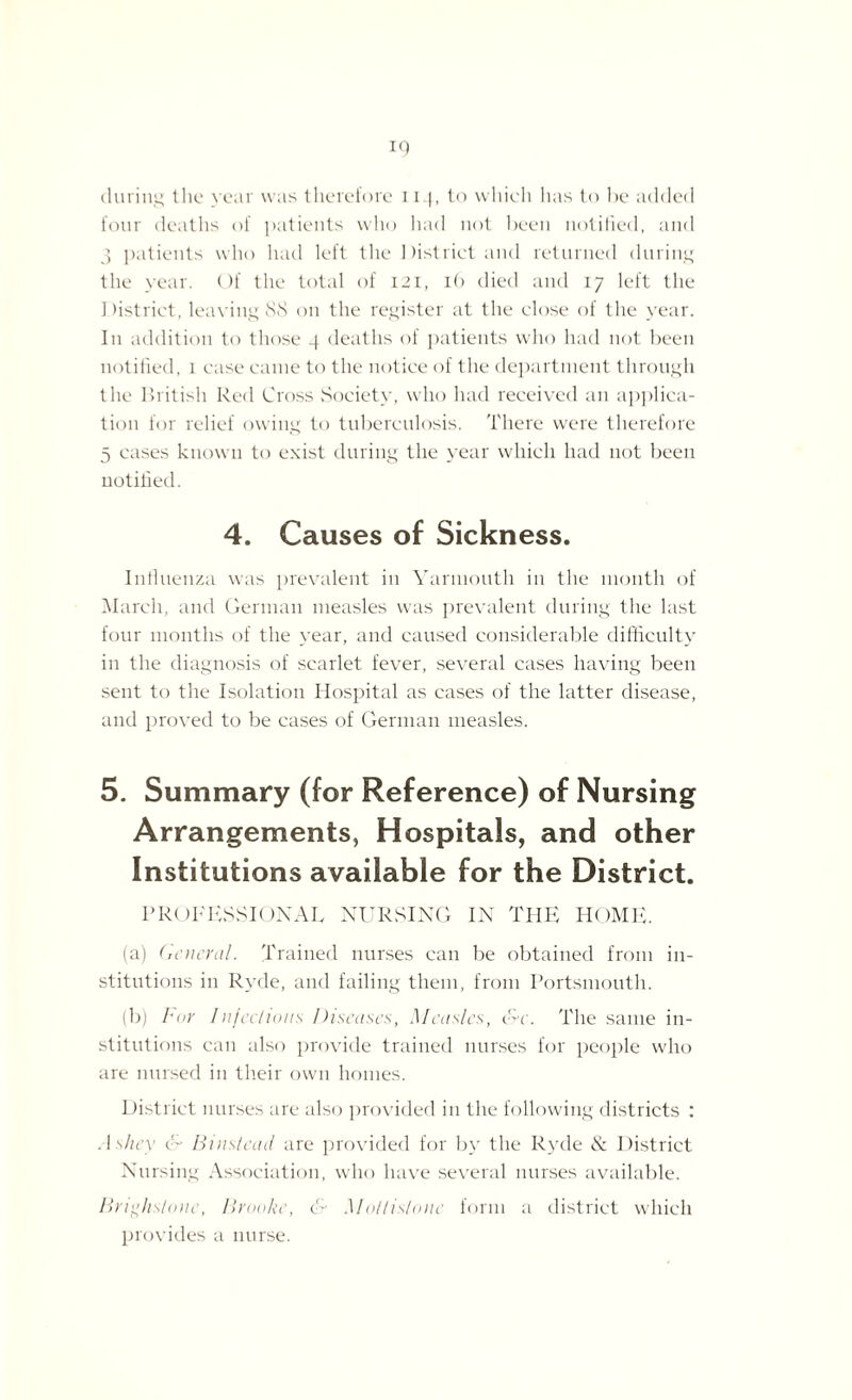 during the year was therefore i i |, to which has to be added four deaths of patients who had not been notified, and 3 patients who had left the District and returned during the year. Of the total of 121, i(> died and 17 left the District, leaving 88 on the register at the close of the year. I11 addition to those 4 deaths of patients who had not been notified, 1 case came to the notice of the department through the British Red Cross Society, who had received an applica¬ tion for relief owing to tuberculosis. There were therefore 5 cases known to exist during the year which had not been notified. 4. Causes of Sickness. Influenza was prevalent in Yarmouth in the month of March, and German measles was prevalent during the last four months of the year, and caused considerable difficulty in the diagnosis of scarlet fever, several cases having been sent to the Isolation Hospital as cases of the latter disease, and proved to be cases of German measles. 5. Summary (for Reference) of Nursing Arrangements, Hospitals, and other Institutions available for the District. PROFESSIONAL NURSING IN THE HOME. (a) General. Trained nurses can be obtained from in¬ stitutions in Ryde, and failing them, from Portsmouth. (b) Far Injections Diseases, Measles, <Fr. The same in¬ stitutions can also provide trained nurses for people who are nursed in their own homes. District nurses are also provided in the following districts : Ashey c'- Binstead are provided for by the Ryde & District Nursing Association, who have several nurses available. Brtghslone, Brooke, & Mottislone form a district which provides a nurse.