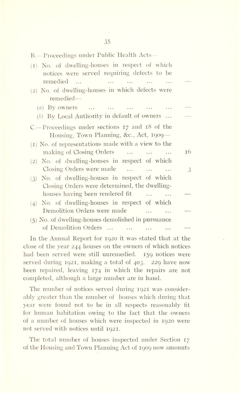 B. —Proceedings under Public Health Acts (1) No. of dwelling-houses in respect of which notices were served requiring defects to be remedied (2) No. of dwelling-houses in which defects were remedied— (a) By owners (,b) By Local Authority in default of owners ... C. —Proceedings under sections 17 and 18 of the Housing, Town Planning, &e., Act, 1909— (1) No. of representations made with a view to the making of Closing Orders ... ... ... 16 (2) No. of dwelling-houses in respect of which Closing Orders were made ... ... ... 3 (3) No. of dwelling-houses in respect of which Closing Orders were determined, the dwelling- houses having been rendered fit ... ... — (4) No. of dwelling-houses in respect of which Demolition Orders were made (5) No. of dwelling-houses demolished in pursuance of Demolition Orders ... ... ... ... — In the Annual Report for 1920 it was stated that at the close of the year 244 houses on the owners of which notices had been served were still unremedied. 159 notices were served during 1921, making a total of 403. 229 have now been repaired, leaving 174 in which the repairs are not completed, although a large number are in hand. The number of notices served during 1921 was consider¬ ably greater than the number of houses which during that year were found not to be in all respects reasonably fit for human habitation owing to the fact that the owners of a number of houses which were inspected in 1920 were not served with notices until 1921. The total number of houses inspected under Section 17 of the Housing and Town Planning Act of 1909 now amounts