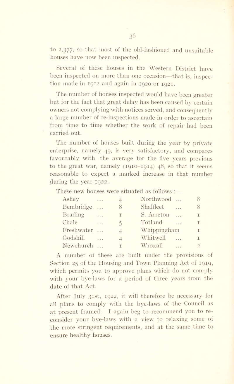 to 2,377, so that most of the old-fashioned and unsuitable houses have now been inspected. Several of these houses in the Western District have been inspected on more than one occasion—that is, inspec¬ tion made in 1912 and again in 1920 or 1921. The number of houses inspected would have been greater but for the fact that great delay has been caused by certain owners not complying with notices served, and consequently a large number of re-inspections made in order to ascertain from time to time whether the work of repair had been carried out. The number of houses built during the year by private enterprise, namely 49, is very satisfactory, and compares favourably with the average for the five years previous to the great war, namely (1910-1914) 48, so that it seems reasonable to expect a marked increase in that number during the year 1922. These new houses were situated as follows :— Ashey ... 4 Bembridge ... 8 Brading ... 1 Chale ... 5 Freshwater ... 4 Godshill ... 4 Newchurch ... 1 Northwood ... 8 Shalfleet ... 8 S. Arreton ... 1 Totland ... 1 Whippingham 1 Whitwell ... 1 Wroxall ... 2 A number of these are built under the provisions of Section 25 of the Housing and Town Planning Act of 1919, which permits you to approve plans which do not comply with your bye-laws for a period of three years from the date of that Act. After July 31st, 1922, it will therefore be necessary for all plans to comply with the bye-laws of the Council as at present framed. I again beg to recommend you to re¬ consider your bye-laws with a view to relaxing some of the more stringent requirements, and at the same time to ensure healthy houses.