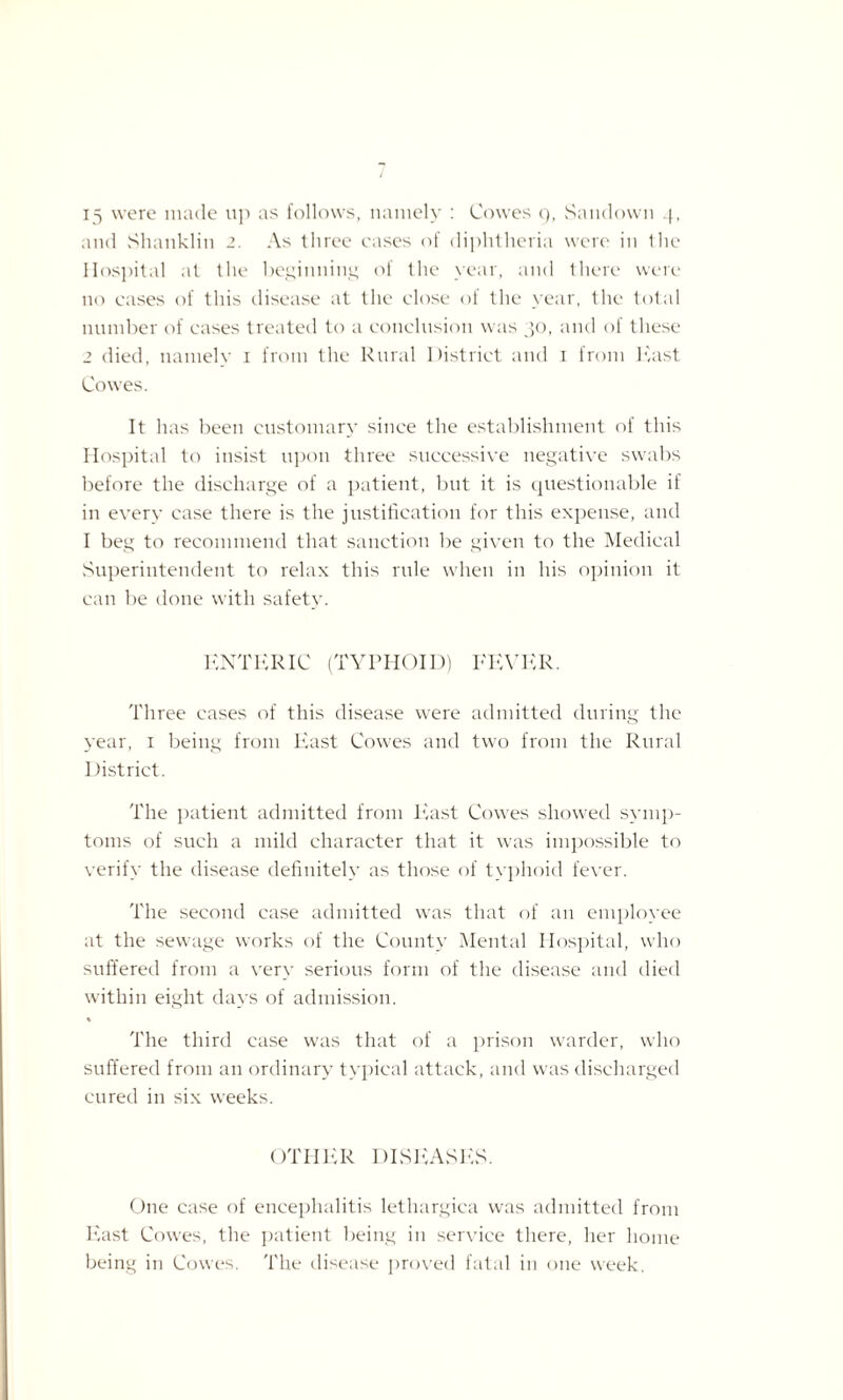 and Shanklin 2. As three cases of diphtheria were in the Hospital at the beginning of the year, and there were no cases of this disease at the close of the year, the total number of cases treated to a conclusion was 30, and of these 2 died, namely 1 from the Rural District and 1 from Hast Cowes. It has been customary since the establishment of this Hospital to insist upon three successive negative swabs before the discharge of a patient, but it is questionable if in every case there is the justification for this expense, and I beg to recommend that sanction be given to the Medical Superintendent to relax this rule when in his opinion it can be done with safety. ENTERIC (TYPHOID) FEVER. Three cases of this disease were admitted during the year, 1 being from East Cowes and two from the Rural District. The patient admitted from East Cowes showed symp¬ toms of such a mild character that it was impossible to verify the disease definitely as those of typhoid fever. The second case admitted was that of an employee at the sewage works of the County Mental Hospital, who suffered from a very serious form of the disease and died within eight days of admission. % The third case was that of a prison warder, who suffered from an ordinary typical attack, and was discharged cured in six weeks. OTHER DISEASES. One case of encephalitis lethargiea was admitted from East Cowes, the patient being in service there, her home being in Cowes. The disease proved fatal in one week.
