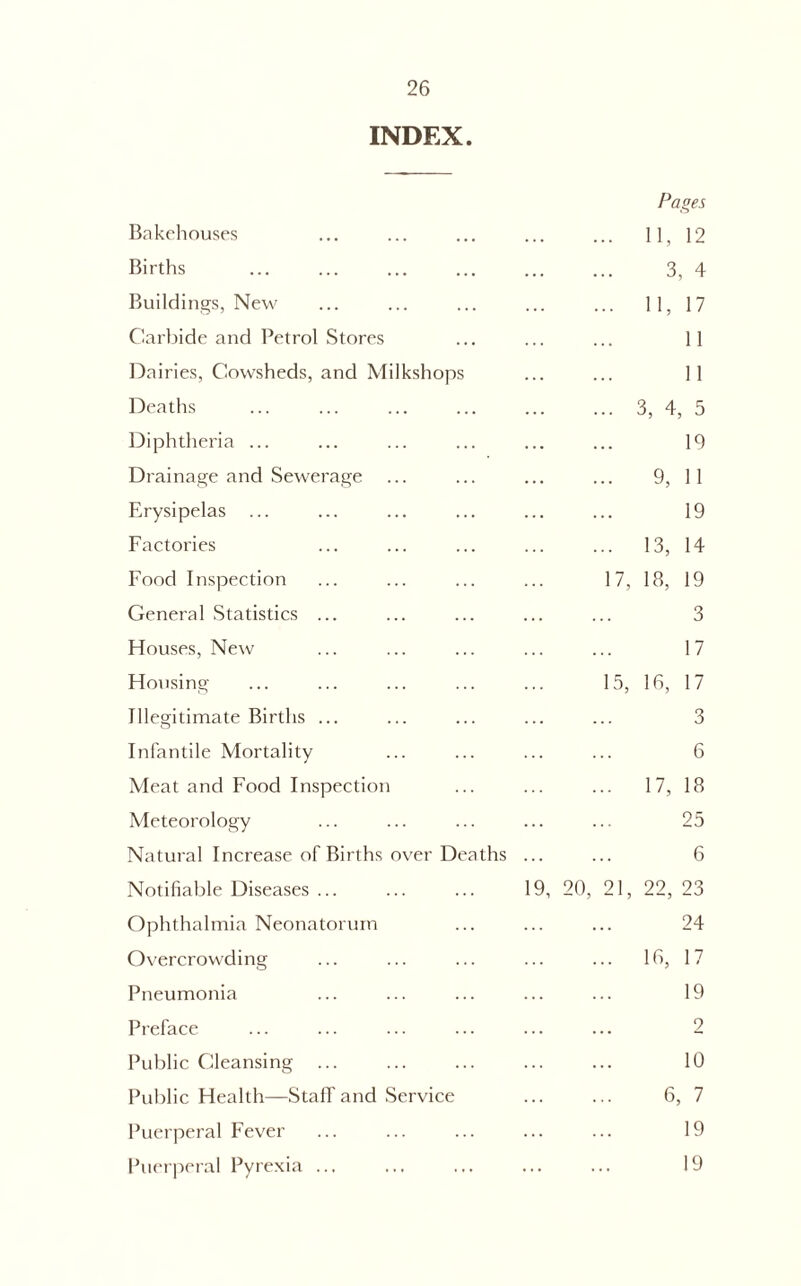 INDEX. Bakehouses Births Buildings, New Carbide and Petrol Stores Dairies, Cowsheds, and Milkshop Deaths Diphtheria ... Drainage and Sewerage Erysipelas ... Factories Food Inspection General Statistics ... Flouses, New Housing Illegitimate Births ... Infantile Mortality Meat and Food Inspection Meteorology Natural Increase of Births over Deaths Notifiable Diseases ... Ophthalmia Neonatorum Overcrowding Pneumonia Preface Public Cleansing ... Public Health—Staff and Service Puerperal Fever Puerperal Pyrexia ... Pages 11, 12 3, 4 11, 17 . 3, 4, 5 19 9, 11 19 . 13, 14 17, 18, 19 3 17 15, 16, 17 3 6 . 17, 18 25 6 9, 20, 21, 22, 23 24 16, 17 19 2 10 6, 7 19 19