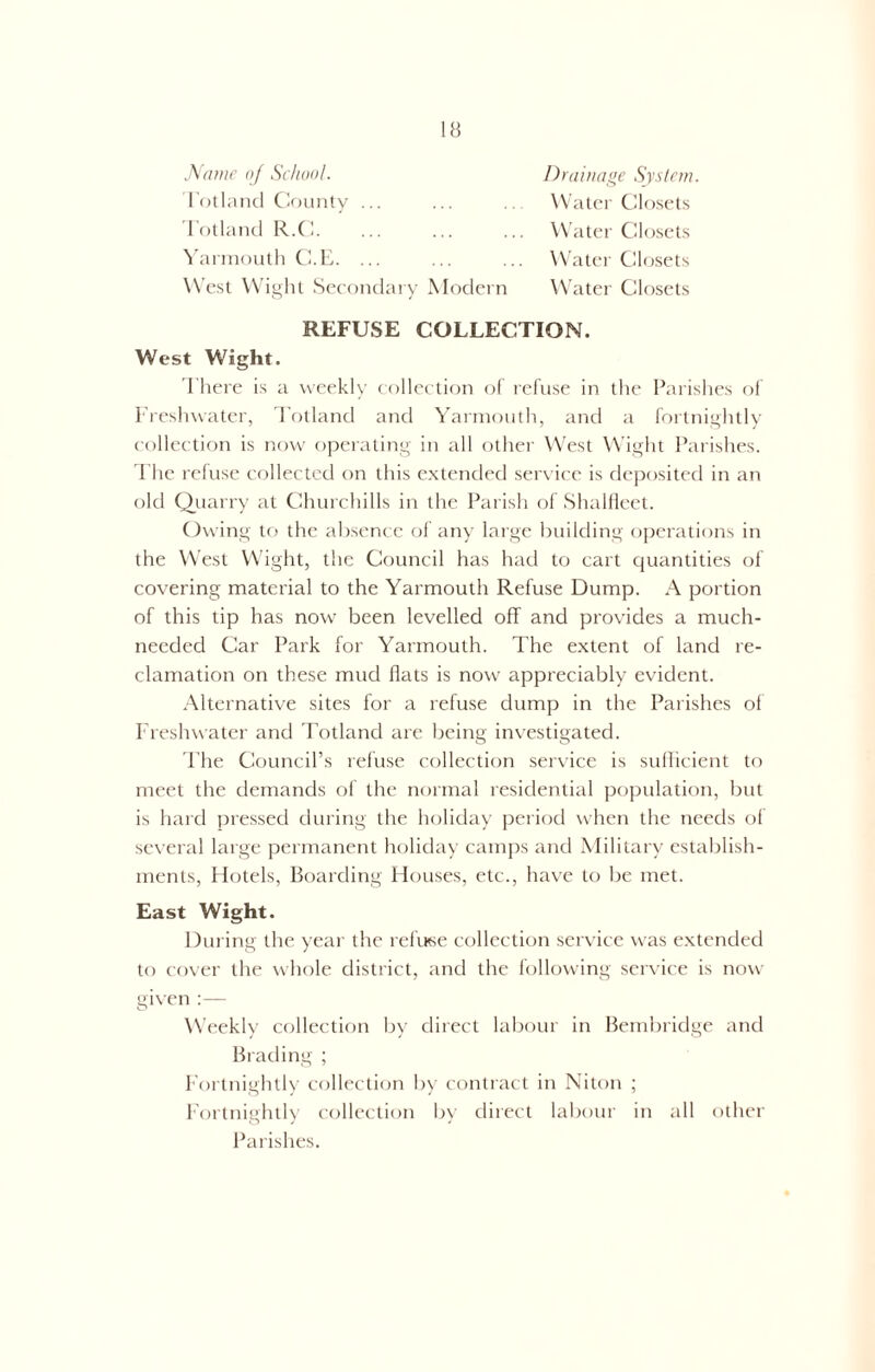 .Name oj School. Fotland County ... Totlancl R.C. Yarmouth C.E. ... West Wight Secondary Modern Drainage System Water Closets Water Closets Water Closets Water Closets REFUSE COLLECTION. West Wight. There is a weekly collection of refuse in the Parishes of Freshwater, Totlancl and Yarmouth, and a fortnightly collection is now operating in all other West Wight Parishes. The refuse collected on this extended service is deposited in an old Quarry at Churchills in the Parish of Shalfleet. Owing to the absence of any large building operations in the West Wight, the Council has had to cart quantities of covering material to the Yarmouth Refuse Dump. A portion of this tip has now been levelled off and provides a much- needed Car Park for Yarmouth. The extent of land re- clamation on these mud flats is now appreciably evident. Alternative sites for a refuse dump in the Parishes of Freshwater and Totlancl are being investigated. The Council’s refuse collection service is sufficient to meet the demands of the normal residential population, but is hard pressed during the holiday period when the needs of several large permanent holiday camps and Military establish- ments, Flotels, Boarding Houses, etc., have to be met. East Wight. During the year the refuse collection service was extended to cover the whole district, and the following service is now given :— Weekly collection by direct labour in Bembridge and Brading ; Fortnightly collection by contract in Niton ; Fortnightly collection by direct labour in all other Parishes.