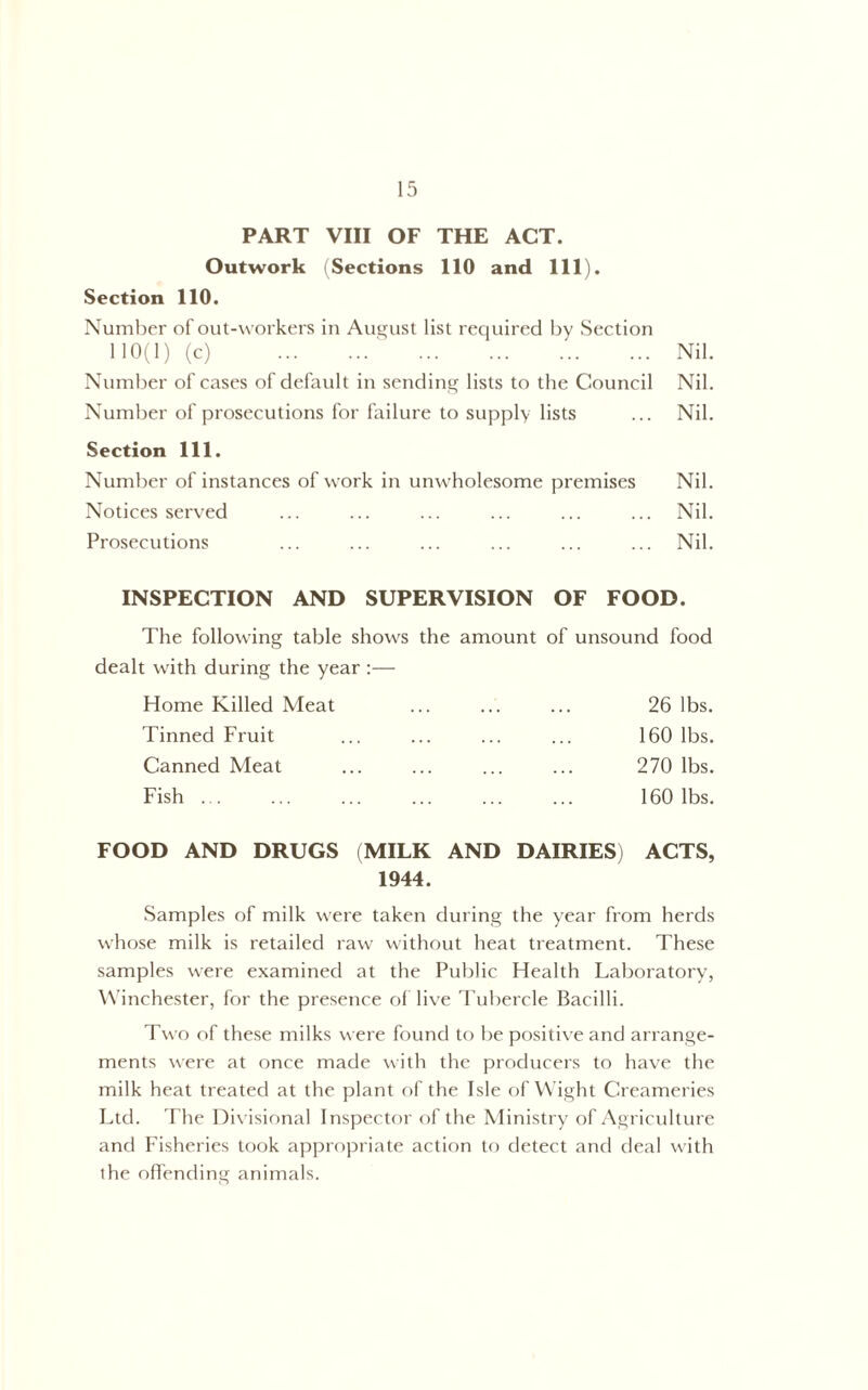PART VIII OF THE ACT. Outwork (Sections 110 and 111). Section 110. Numlier of out-workers in August list required by Section 110(1) (c) Nil. Number of cases of default in sending lists to the Council Nil. Number of prosecutions for failure to supply lists ... Nil. Section 111. Number of instances of work in unwholesome premises Nil. Notices served ... ... ... ... ... ... Nil. Prosecutions ... ... ... ... ... ... Nil. INSPECTION AND SUPERVISION OF FOOD. The following table shows the amount of unsound food dealt with during the year :— Home Killed Meat ... ... ... 26 lbs. Tinned Fruit ... ... ... ... 160 lbs. Canned Meat ... ... ... ... 270 lbs. Fish . . ... ... ... ... ... 160 lbs. FOOD AND DRUGS (MILK AND DAIRIES) ACTS, 1944. Samples of milk were taken during the year from herds whose milk is retailed raw without heat treatment. These samples were examined at the Public Health Laboratory, Winchester, for the presence of live T ubercle Bacilli. Two of these milks were found to be positive and arrange- ments were at once made with the producers to have the milk heat treated at the plant of the Isle f)f Wight Creameries Ltd. The Divisional Inspector of the Ministry of Agriculture and Fisheries took ajjpropriate action to detect and deal with the offending animals.