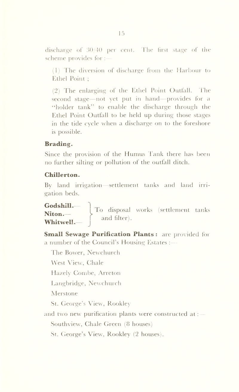 discharge of 30 40 per cent. The first stage of the scheme provides for : (1) Die diversion of discharge from the Harbour to Ethel Point ; (2) The enlarging of the Ethel Point Outfall. The second stage—not yet put in hand—provides for a “holder tank” to enable the discharge through the Ethel Point Outfall to be held up during those stages in the tide cycle when a discharge on to the foreshore is possible. Brading. Since the provision of the Humus Tank there has been no further silting or pollution of the outfall ditch. Chillerton. By land irrigation settlement tanks and land irri- gation beds. Godshill. Niton. WhitwelL To disposal works (settlement tanks and filter). Small Sewage Purification Plants : are provided for a number of the Council’s Housing Estates : The Bower, Newchurch West View, Chale Hazel) Combe, Arreton Langbridge, Newchurch Merstone St. George's View, Rookley and two new purification plants were constructed at : Southview, Chale Green (8 houses) St. George’s View, Rookley (2 houses).