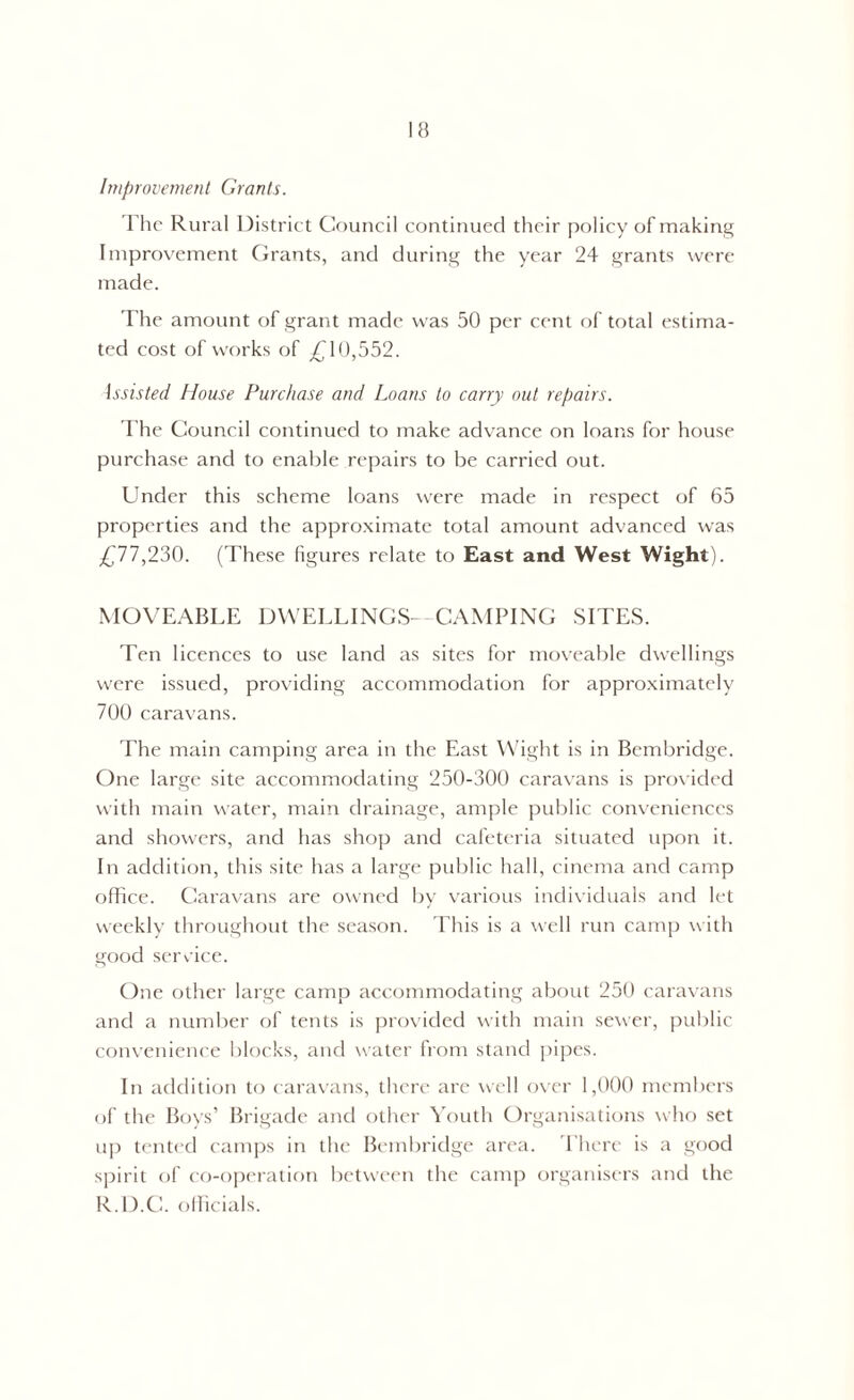 Improvement Grants. The Rural District Council continued their policy of making Improvement Grants, and during the year 24 grants were made. The amount of grant made was 50 per cent of total estima- ted cost of works of £10,552. Issisted House Purchase and Loans to carry out repairs. The Council continued to make advance on loans for house purchase and to enable repairs to be carried out. Under this scheme loans were made in respect of 65 properties and the approximate total amount advanced was £77,230. (These figures relate to East and West Wight). MOVEABLE DWELLINGS—CAMPING SITES. Ten licences to use land as sites for moveable dwellings were issued, providing accommodation for approximately 700 caravans. The main camping area in the East Wight is in Bembridge. One large site accommodating 250-300 caravans is provided with main water, main drainage, ample public conveniences and showers, and has shop and cafeteria situated upon it. In addition, this site has a large public hall, cinema and camp office. Caravans are owned by various individuals and let weekly throughout the season. This is a well run camp with good service. One other large camp accommodating about 250 caravans and a number of tents is provided with main sewer, public convenience blocks, and water from stand pipes. In addition to caravans, there are well over 1,000 members of the Boys’ Brigade and other Youth Organisations who set up tented camps in the Bembridge area. There is a good spirit of co-operation between the camp organisers and the R.D.C. officials.